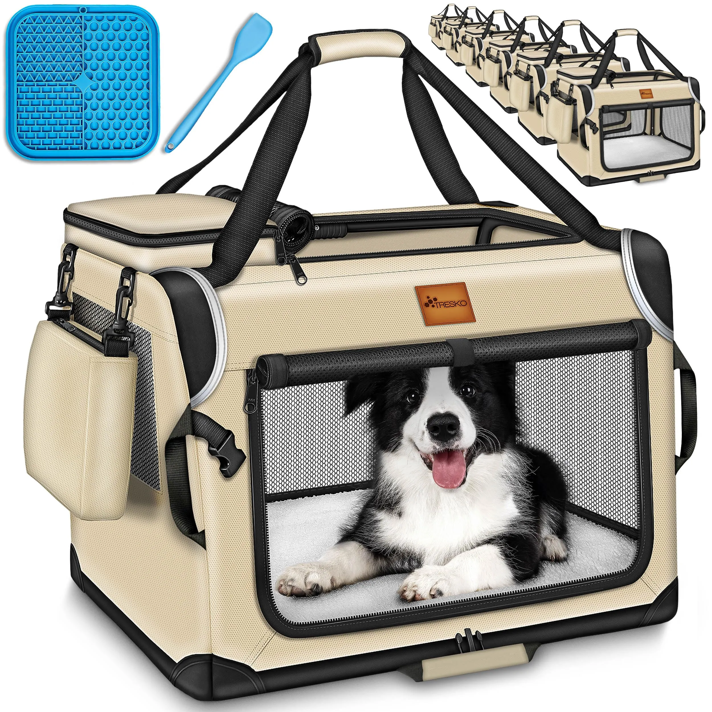 TRESKO® Box Pieghevole per Cani e Gatti con Tappetino, Spatola e Riflettori L 70 x 52 x 52 cm | Trasportino per Animali di Piccola e Grande Taglia | Borsa Robusta - immagine 1