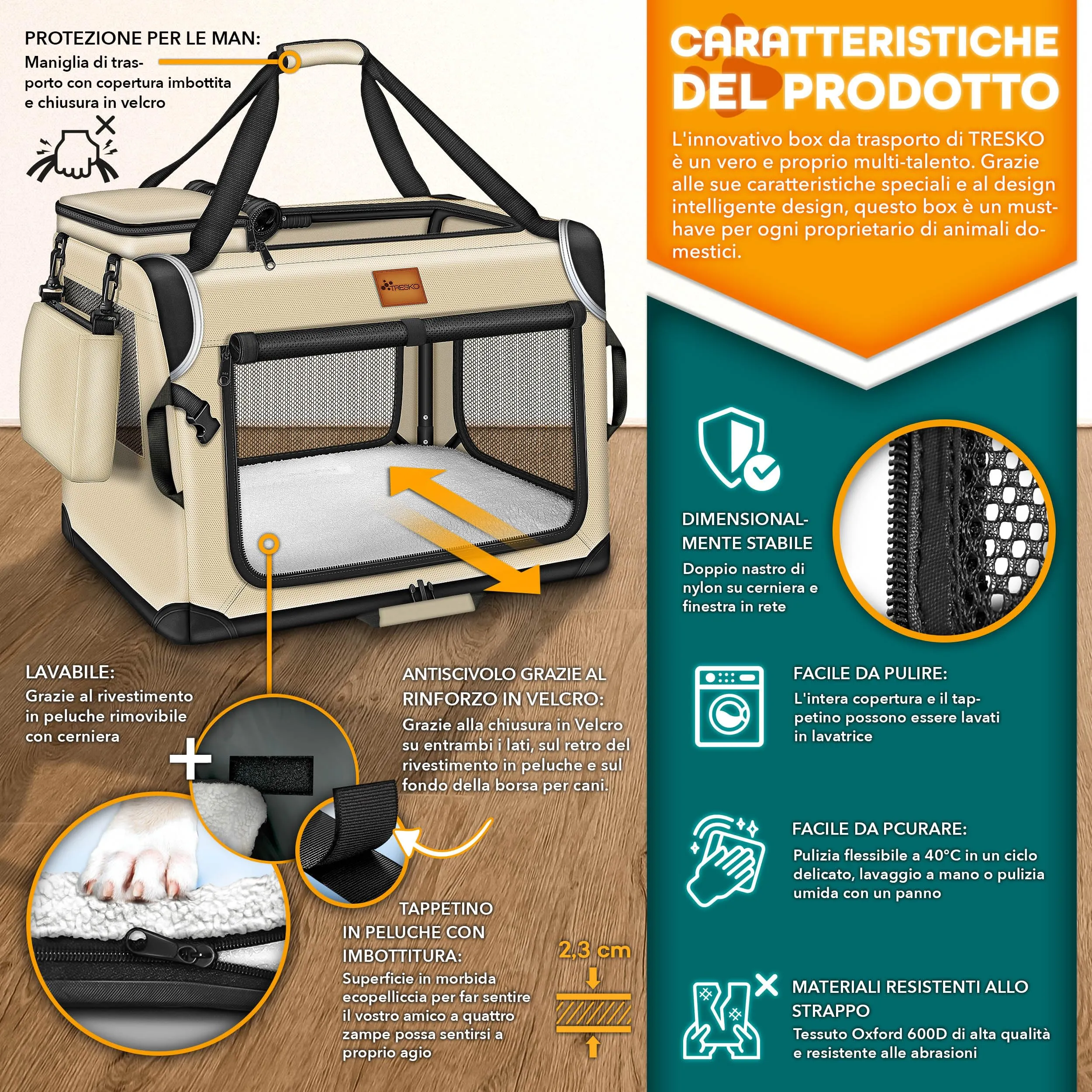 TRESKO® Box Pieghevole per Cani e Gatti con Tappetino, Spatola e Riflettori L 70 x 52 x 52 cm | Trasportino per Animali di Piccola e Grande Taglia | Borsa Robusta - immagine 2
