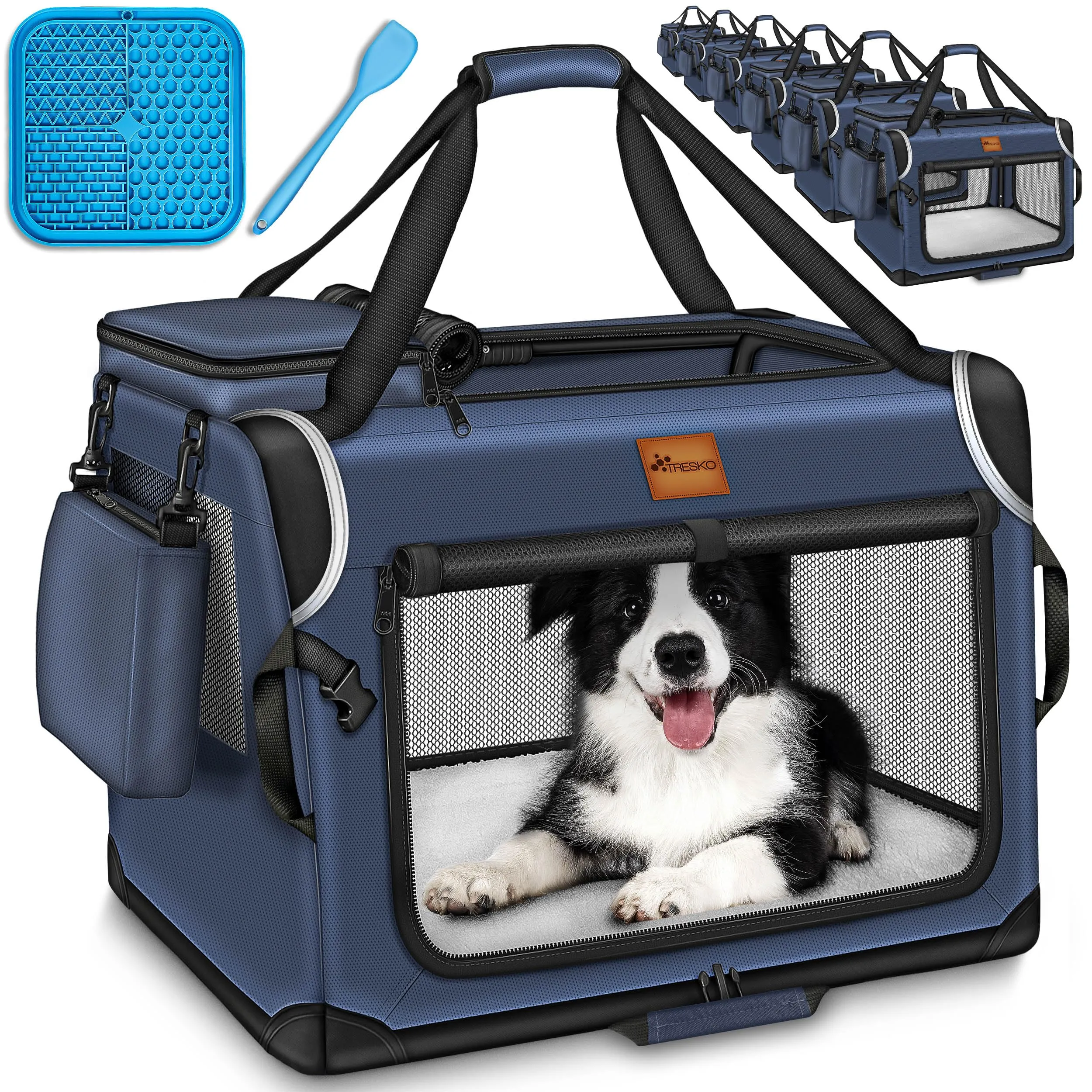 TRESKO® Box pieghevole per cani con tappetino per perdite, spatola e riflettori L 70 x 52 x 52 cm, trasportino per cani e gatti | trasportino auto per cani di piccola taglia e grande, robusta - immagine 1
