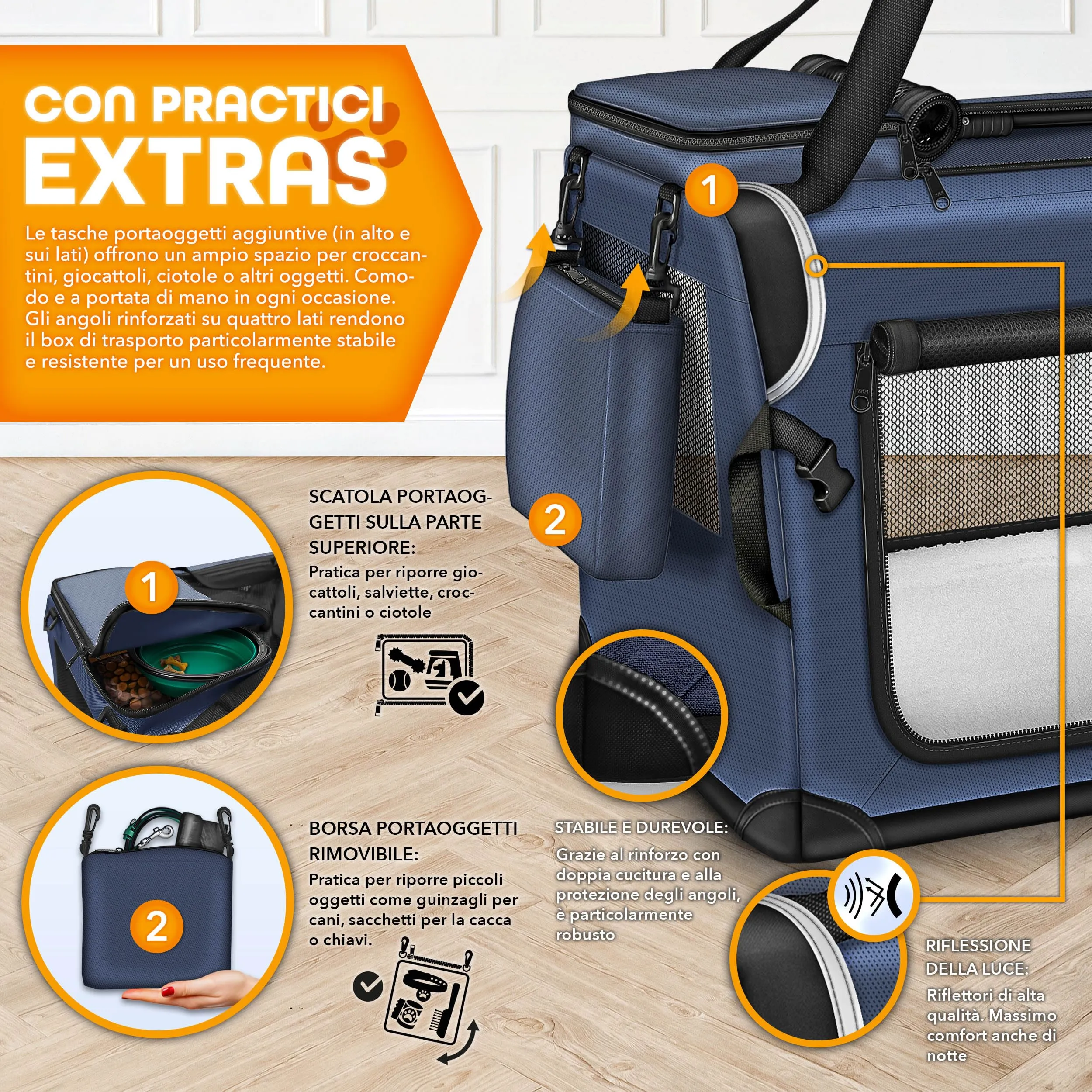 TRESKO® Box pieghevole per cani con tappetino per perdite, spatola e riflettori L 70 x 52 x 52 cm, trasportino per cani e gatti | trasportino auto per cani di piccola taglia e grande, robusta - immagine 3