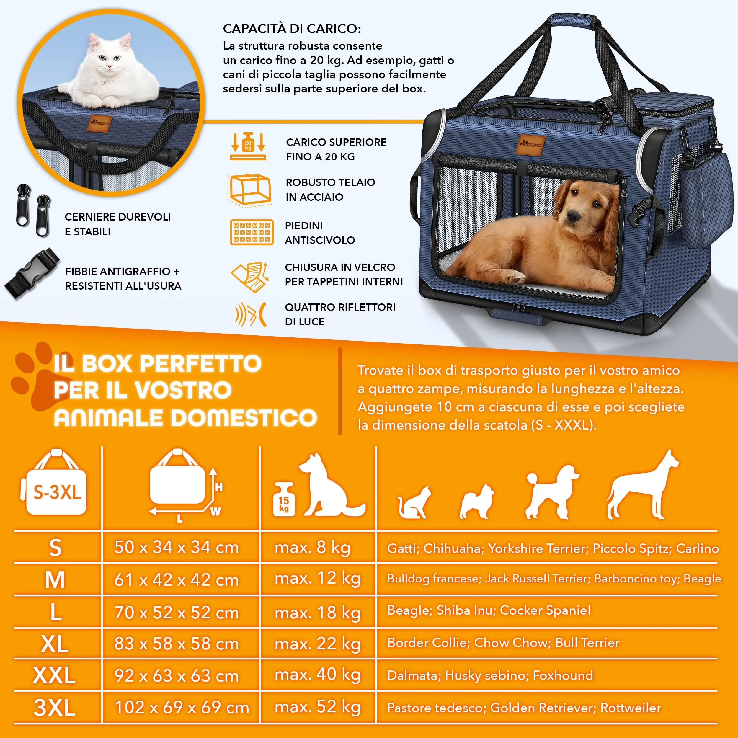 TRESKO® Box pieghevole per cani con tappetino per perdite, spatola e riflettori L 70 x 52 x 52 cm, trasportino per cani e gatti | trasportino auto per cani di piccola taglia e grande, robusta - immagine 4