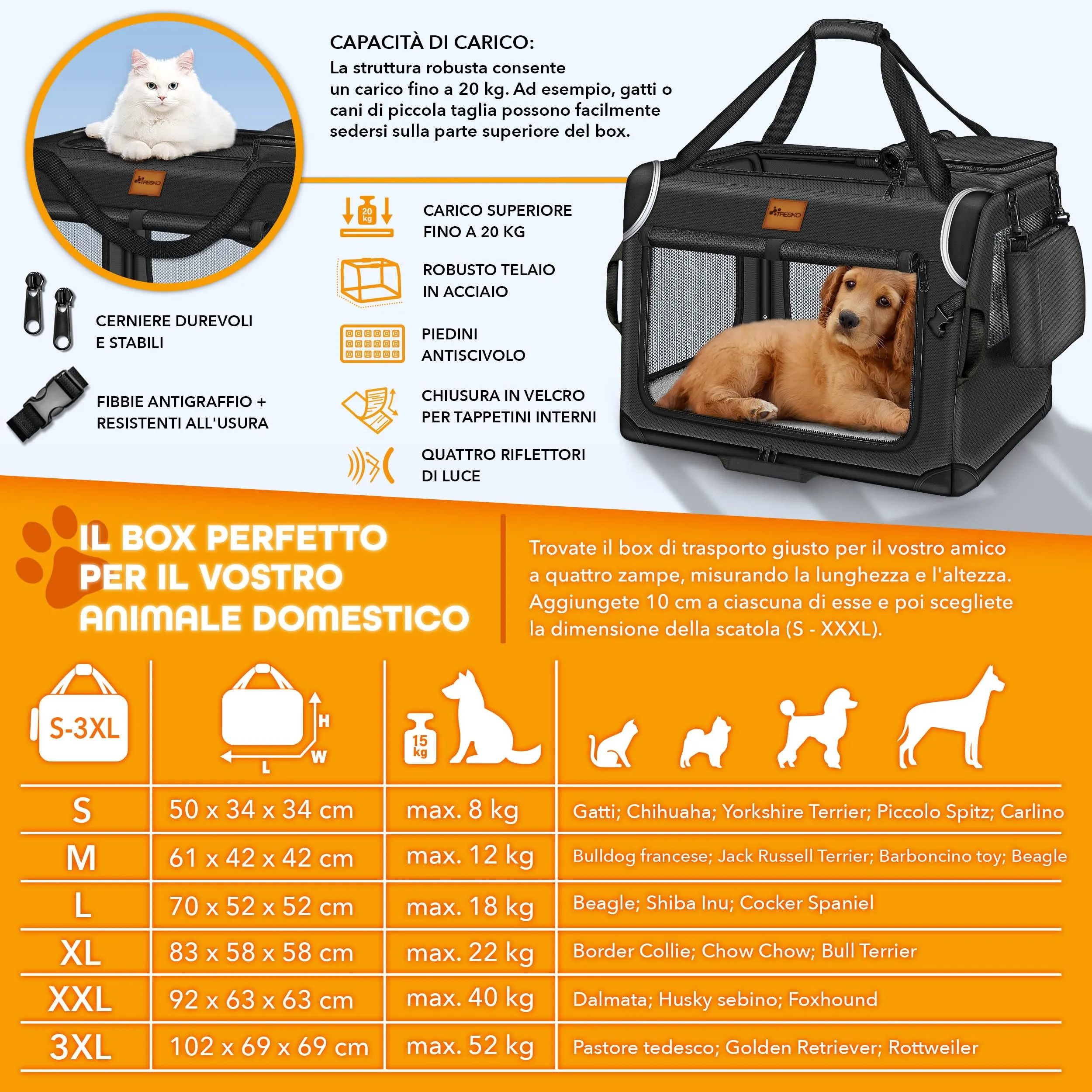 TRESKO® Box Pieghevole per Cani e Gatti con Tappetino, Spatola e Riflettori L 70 x 52 x 52 cm | Trasportino per Animali di Piccola e Grande Taglia | Borsa Robusta - immagine 4