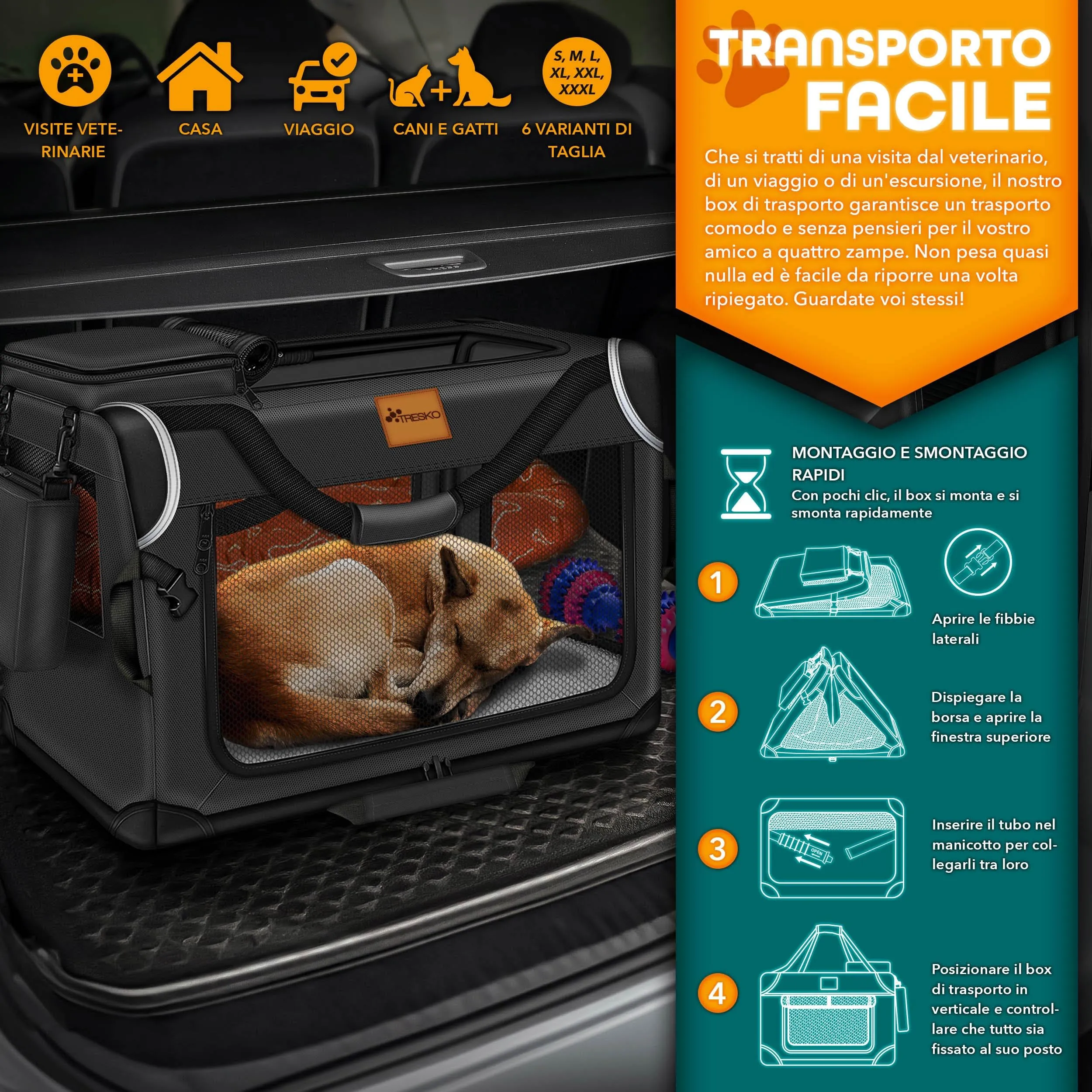 TRESKO® Box Pieghevole per Cani e Gatti con Tappetino, Spatola e Riflettori L 70 x 52 x 52 cm | Trasportino per Animali di Piccola e Grande Taglia | Borsa Robusta - immagine 6