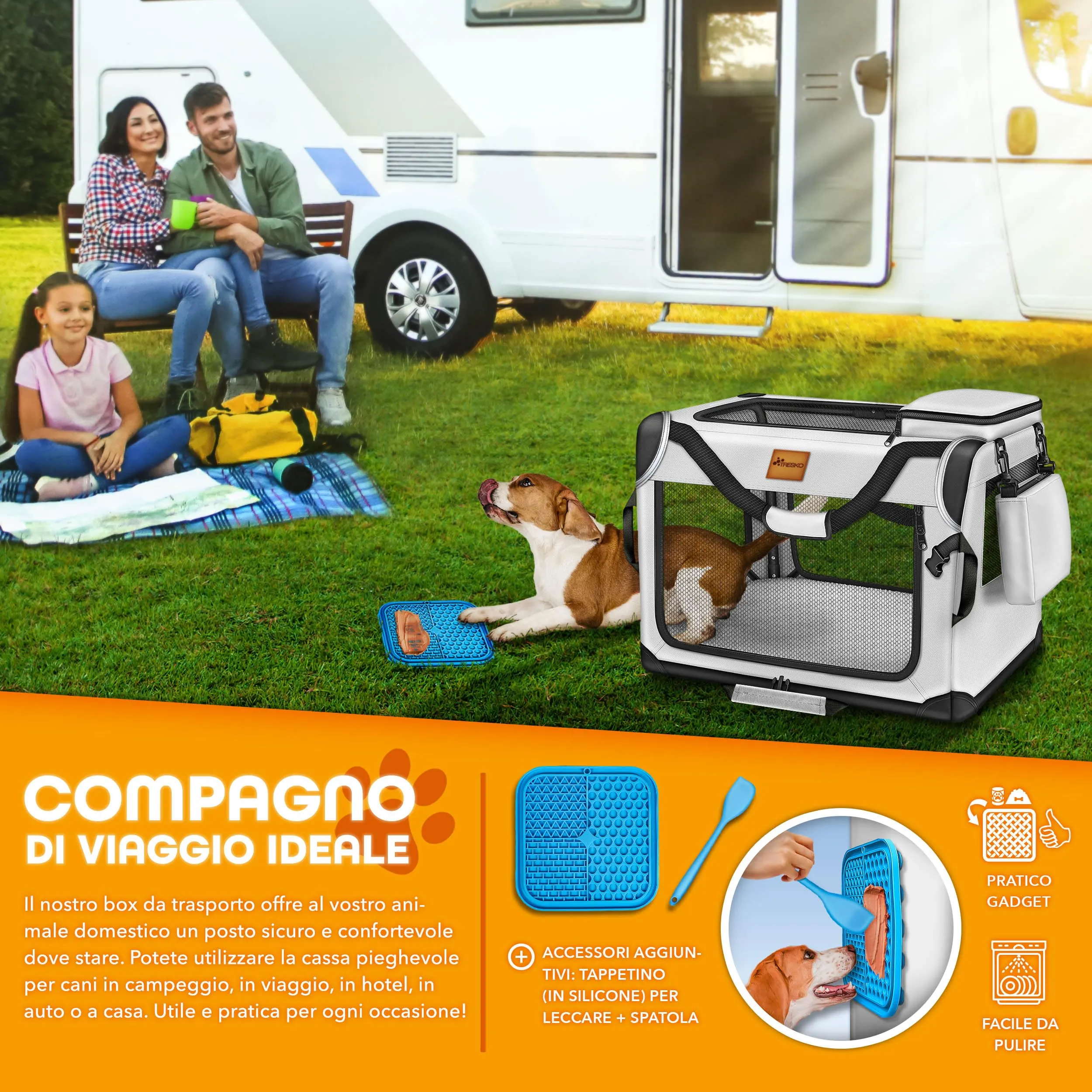 TRESKO® Box Pieghevole per Cani e Gatti con Tappetino, Spatola e Riflettori M 61 x 42 x 42 cm | Trasportino Auto per Animali di Piccola e Grande Taglia - immagine 7