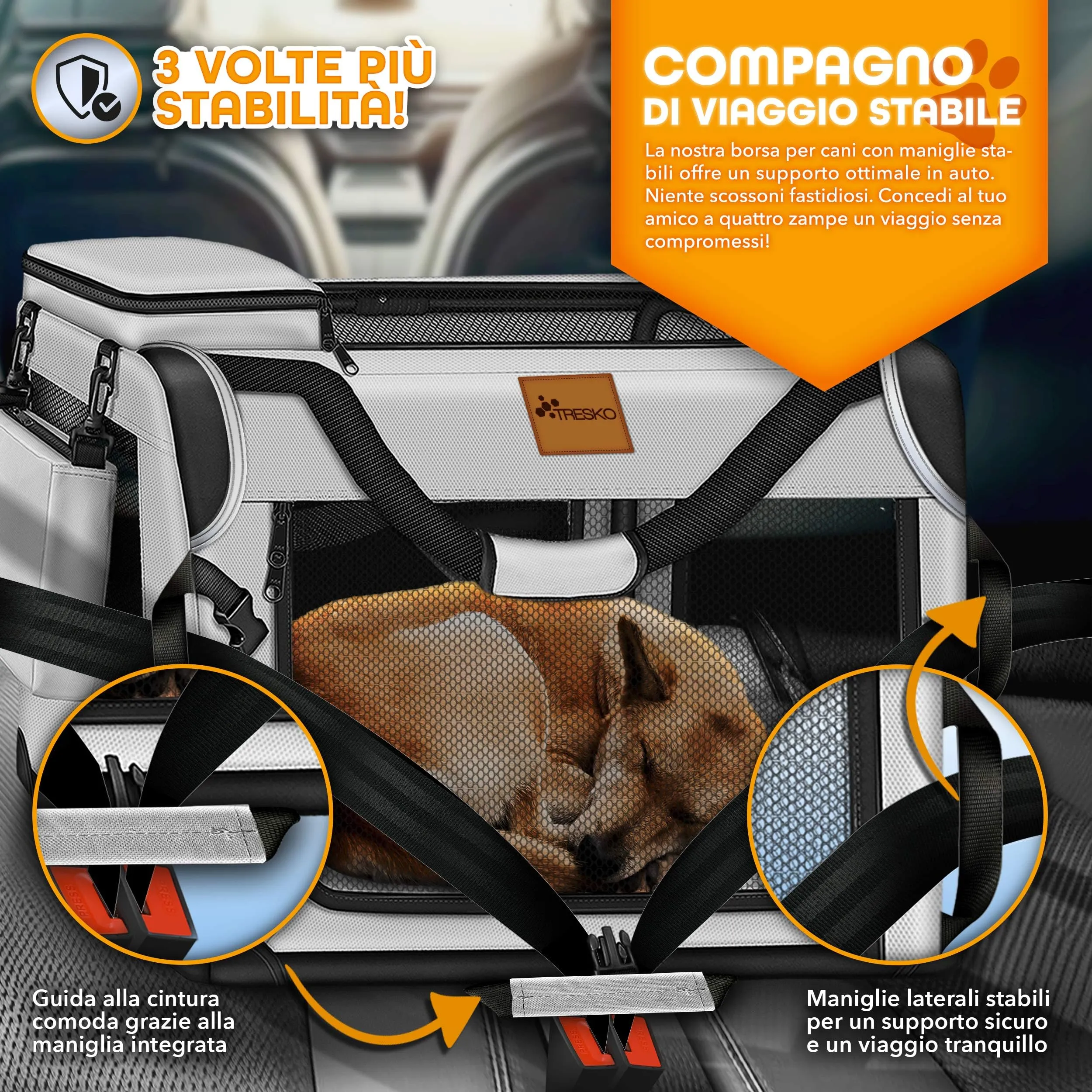 TRESKO® Box Pieghevole per Cani e Gatti con Tappetino, Spatola e Riflettori M 61 x 42 x 42 cm | Trasportino Auto per Animali di Piccola e Grande Taglia - immagine 9