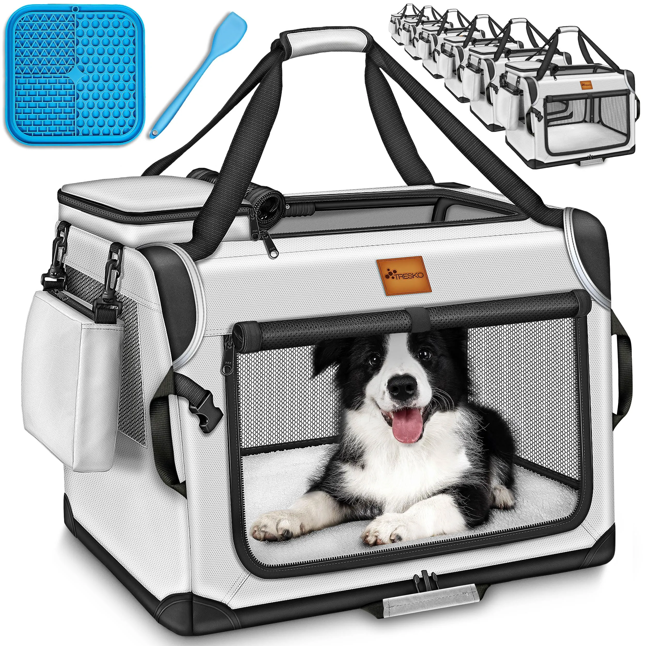 TRESKO® Box per cani pieghevole, con tappetino per mangiare e spatola, trasportino robusto per cani e gatti di piccola e grande taglia, S (50 x 34 x 34 cm), grigio - immagine 1