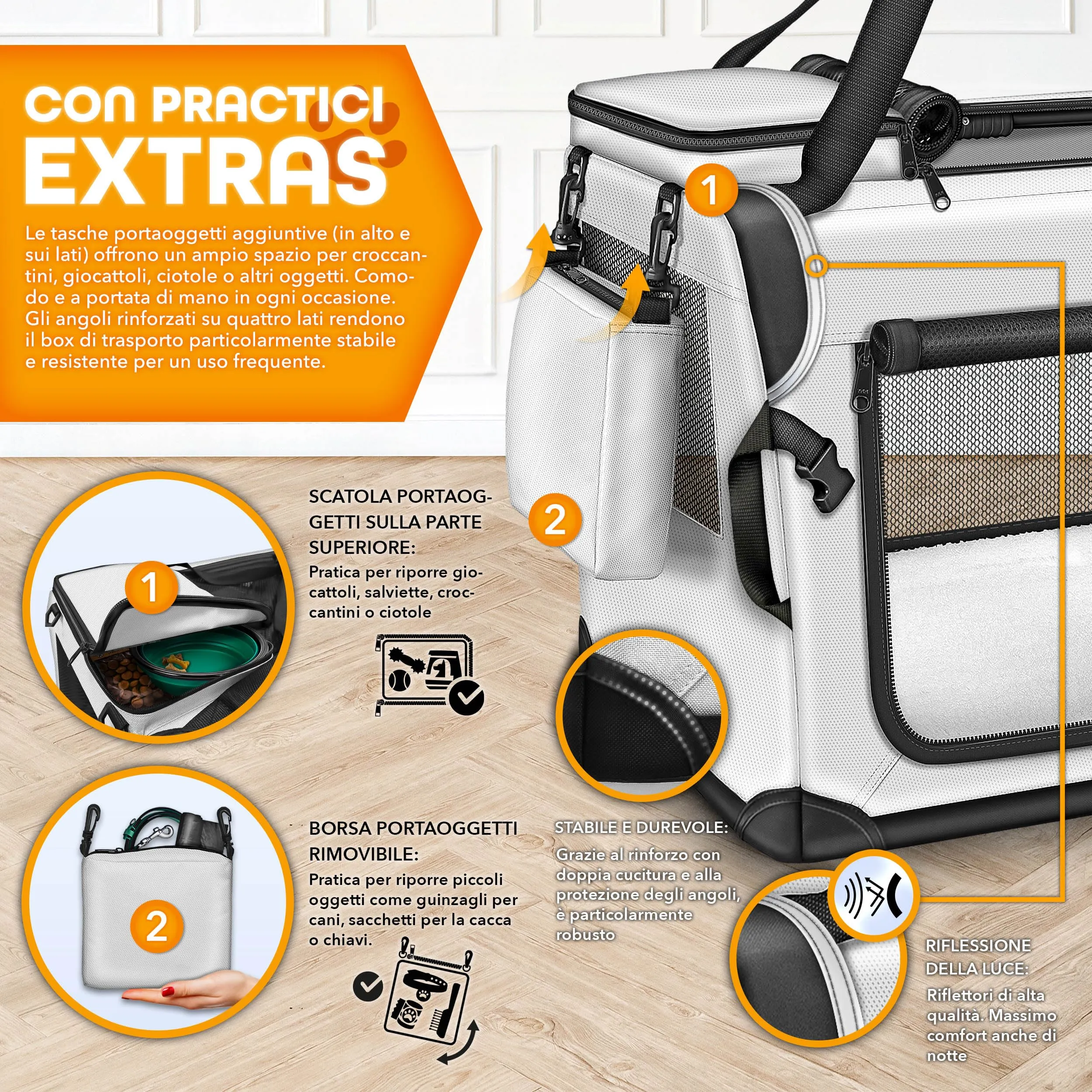 TRESKO® Box per cani pieghevole, con tappetino per mangiare e spatola, trasportino robusto per cani e gatti di piccola e grande taglia, S (50 x 34 x 34 cm), grigio - immagine 3