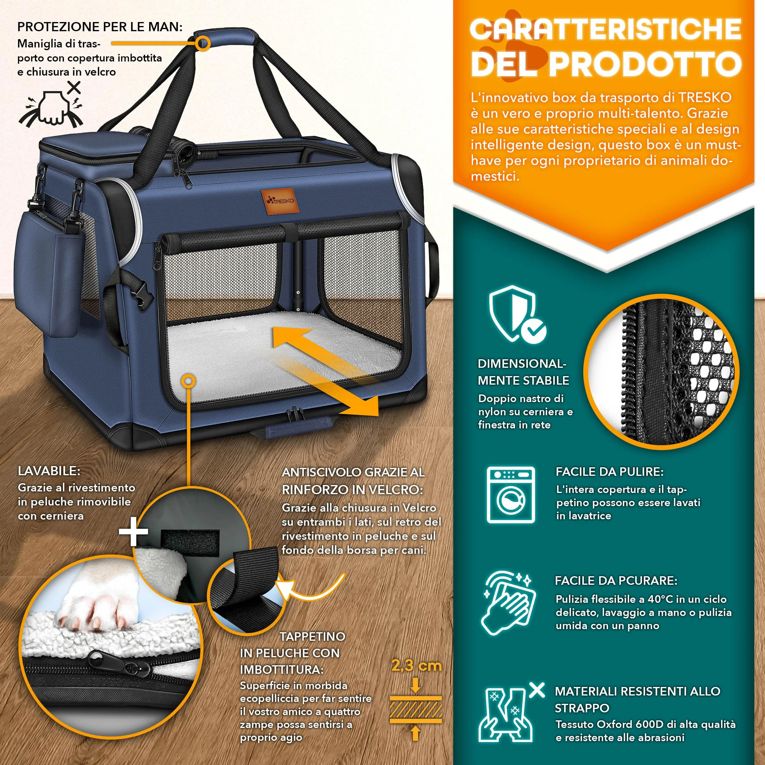 TRESKO® Box Pieghevole per Cani e Gatti XL 83 x 58 x 58 cm, Trasportino Auto Con Tappetino per Perdite, Spatola e Riflettori | Borsa per Animali di Piccola e Grande Taglia - immagine 2