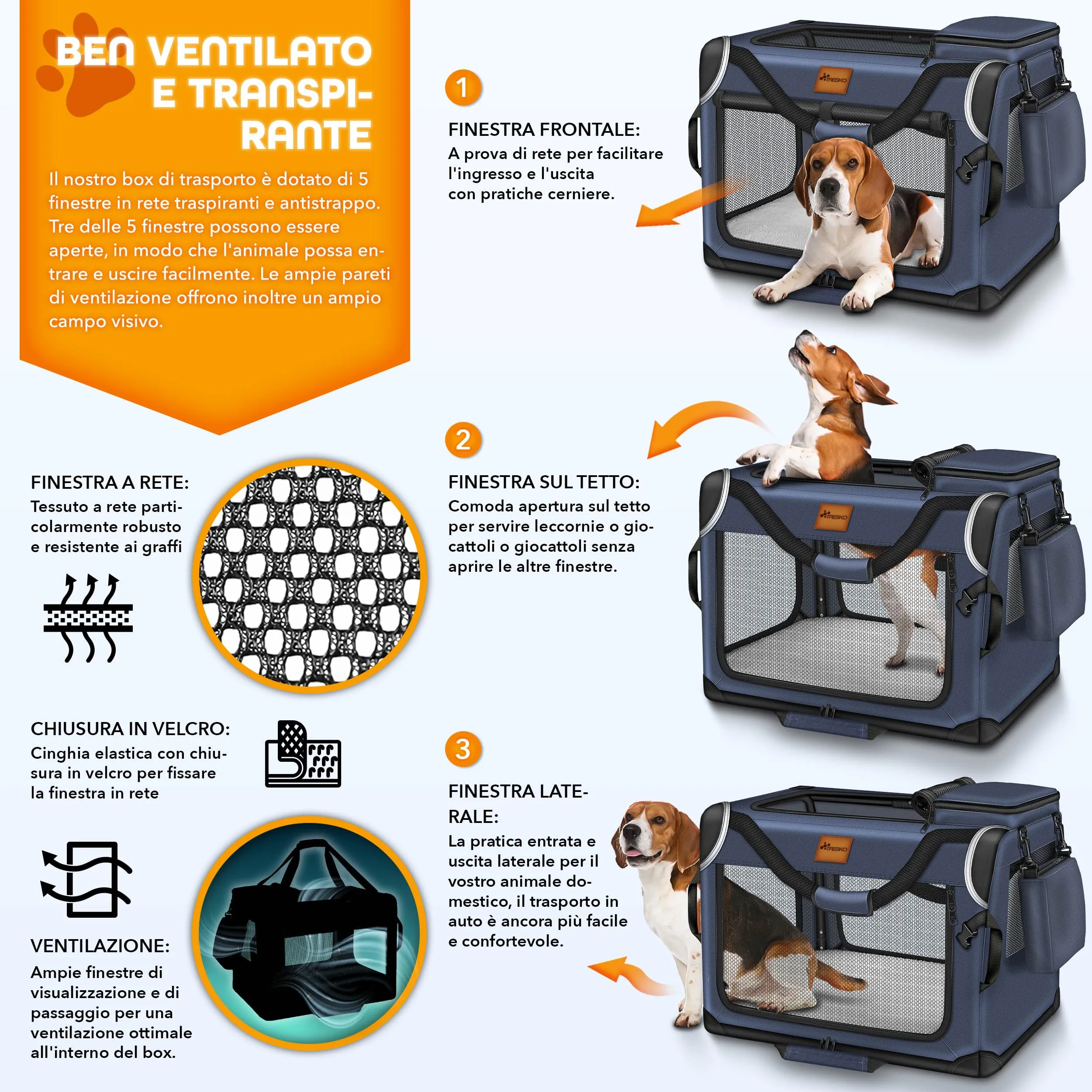 TRESKO® Box Pieghevole per Cani e Gatti XL 83 x 58 x 58 cm, Trasportino Auto Con Tappetino per Perdite, Spatola e Riflettori | Borsa per Animali di Piccola e Grande Taglia - immagine 5