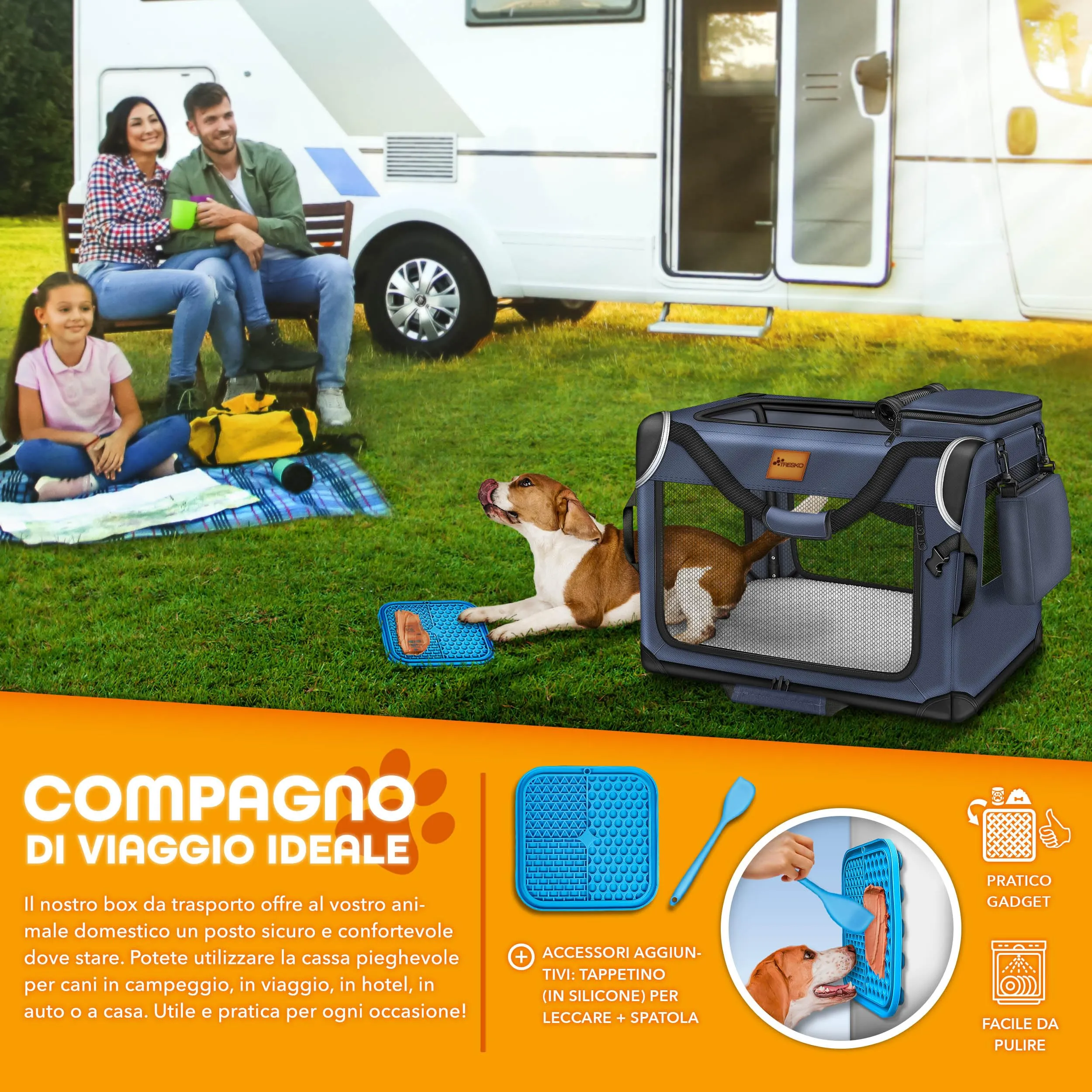 TRESKO® Box Pieghevole per Cani e Gatti XL 83 x 58 x 58 cm, Trasportino Auto Con Tappetino per Perdite, Spatola e Riflettori | Borsa per Animali di Piccola e Grande Taglia - immagine 6
