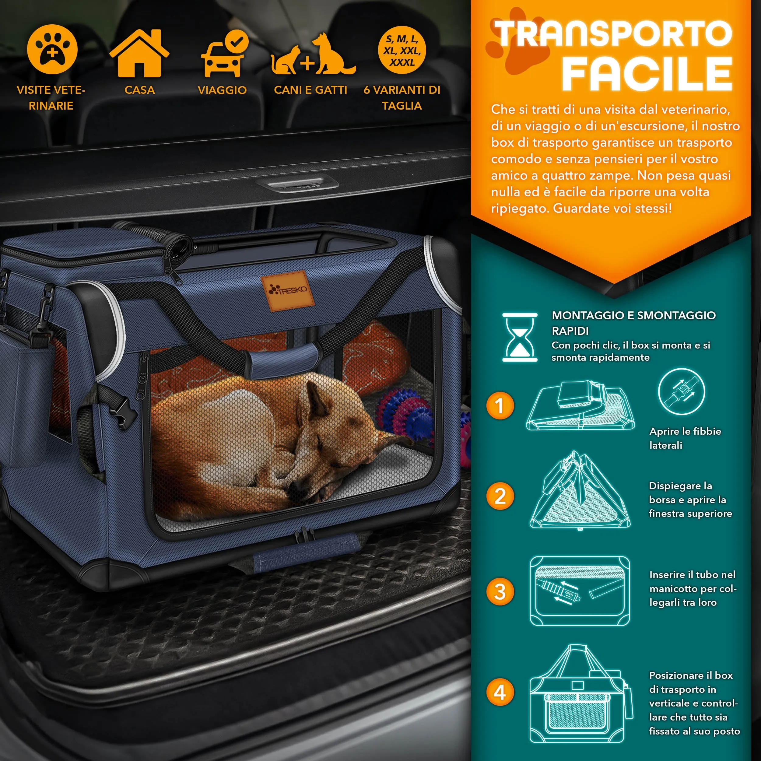 TRESKO® Box Pieghevole per Cani e Gatti XL 83 x 58 x 58 cm, Trasportino Auto Con Tappetino per Perdite, Spatola e Riflettori | Borsa per Animali di Piccola e Grande Taglia - immagine 7