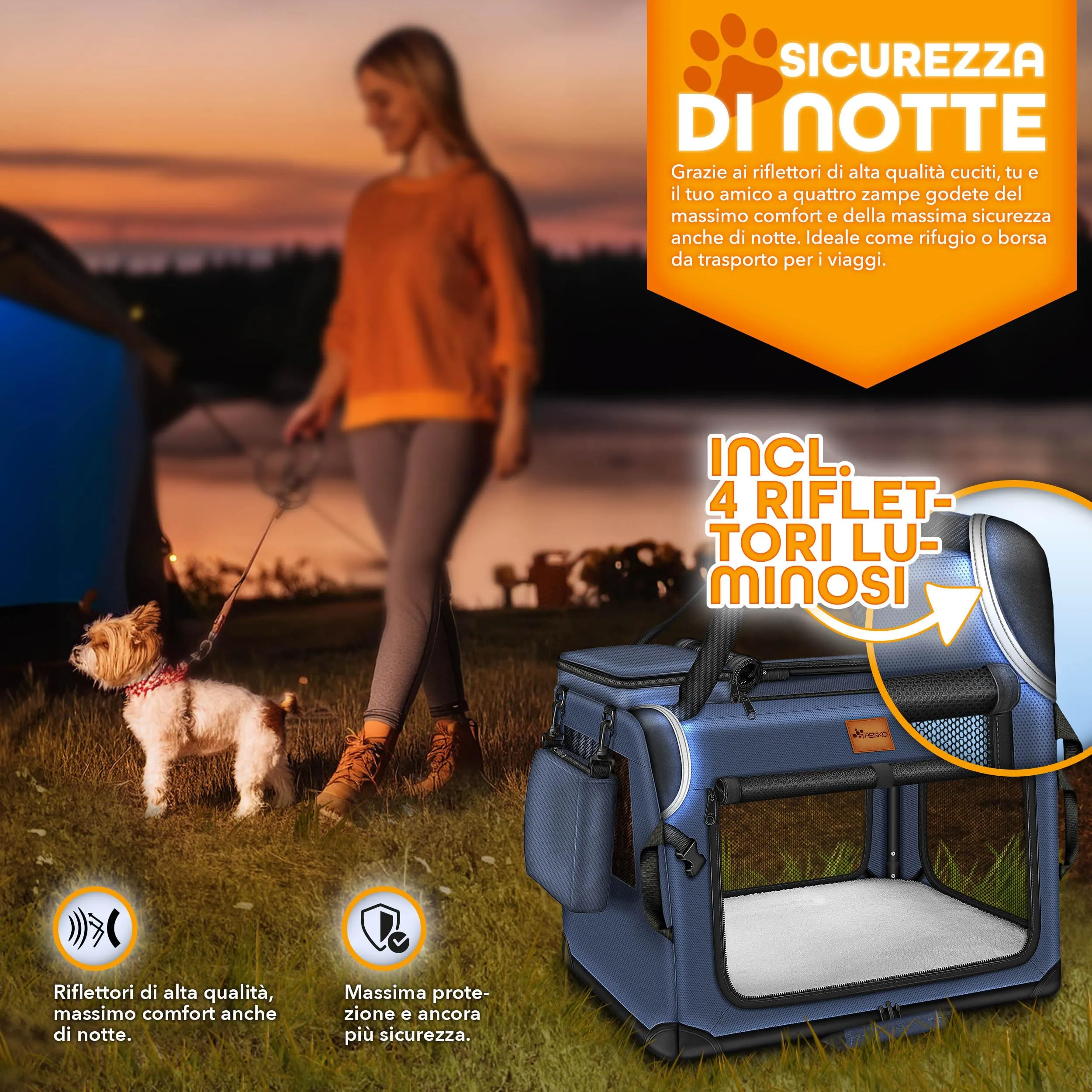 TRESKO® Box Pieghevole per Cani e Gatti XL 83 x 58 x 58 cm, Trasportino Auto Con Tappetino per Perdite, Spatola e Riflettori | Borsa per Animali di Piccola e Grande Taglia - immagine 8