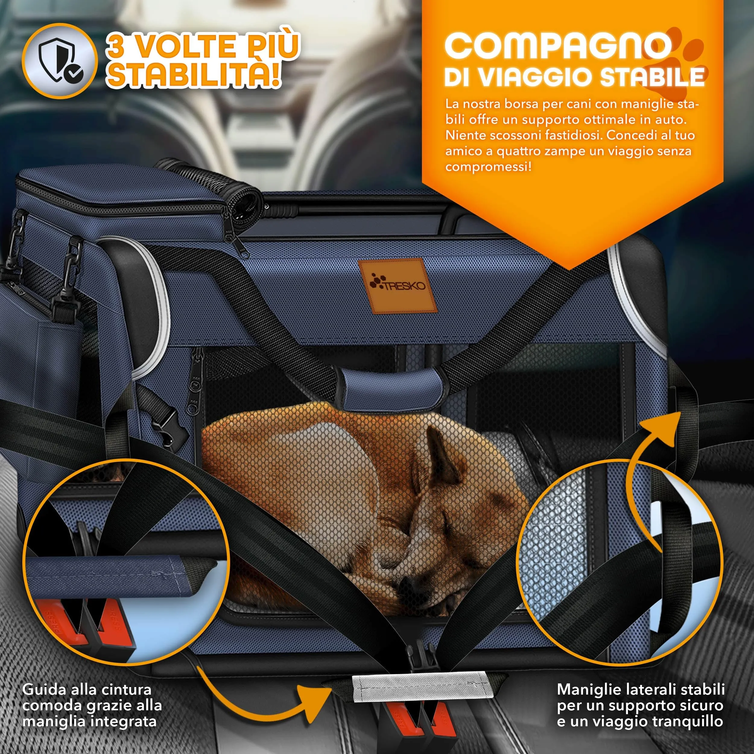 TRESKO® Box Pieghevole per Cani e Gatti XL 83 x 58 x 58 cm, Trasportino Auto Con Tappetino per Perdite, Spatola e Riflettori | Borsa per Animali di Piccola e Grande Taglia - immagine 9