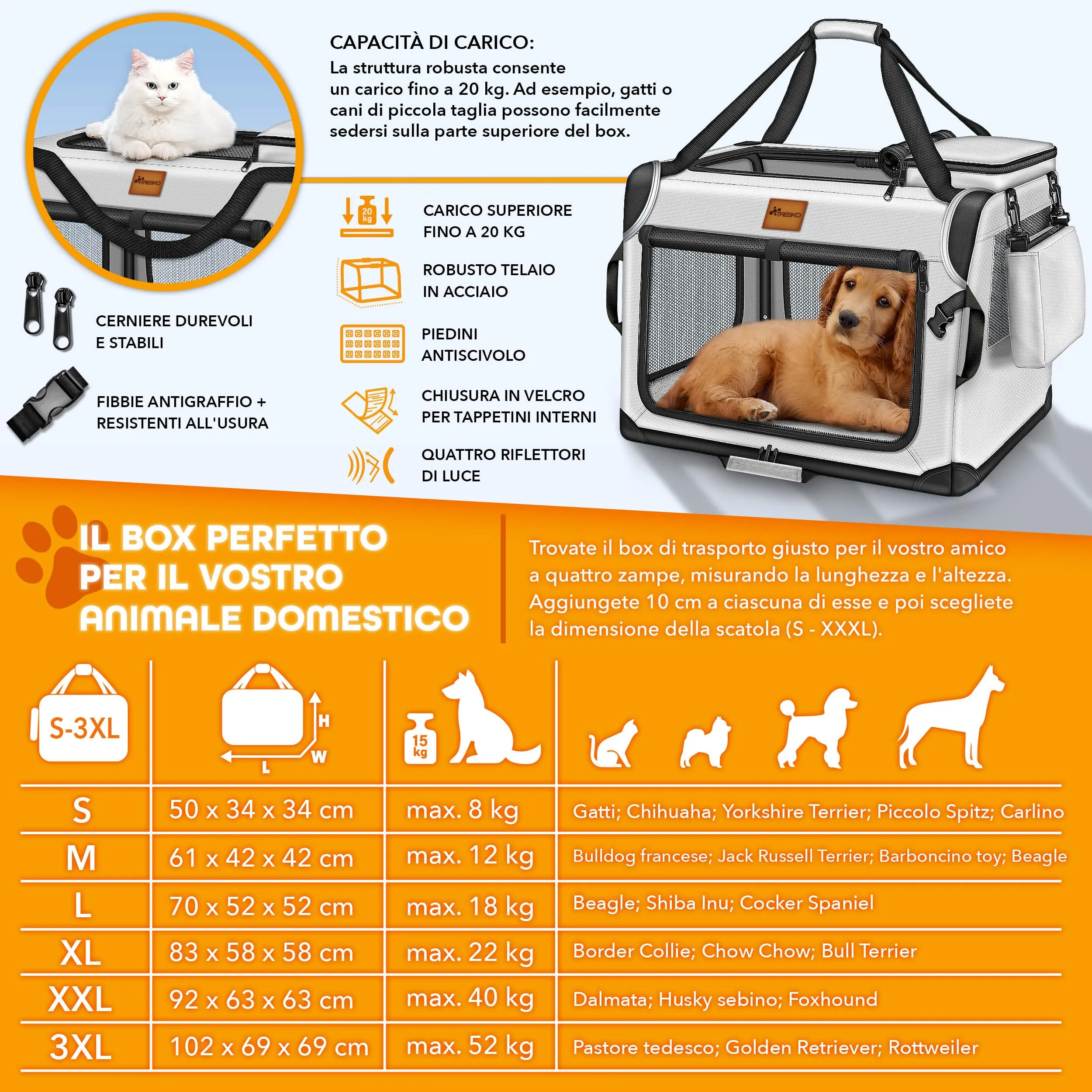 TRESKO Box pieghevole per cani con tappetino, spatola e riflettori XL 83 x 58 x 58 cm, trasportino per cani e gatti, trasportino per cani di piccola taglia e grande taglia - immagine 4