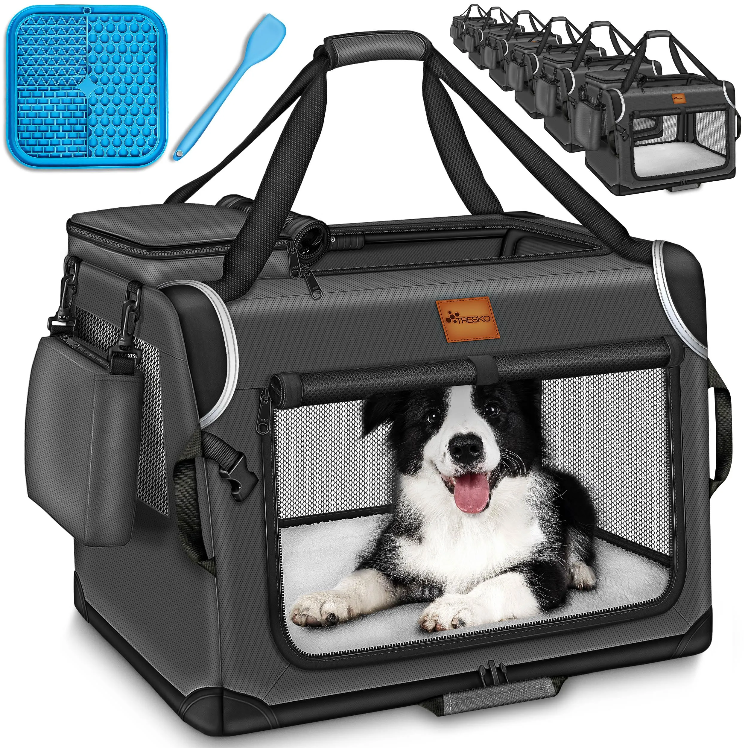TRESKO® Box pieghevole per cani con tappetino per perdite, spatola e riflettori XXXL 102 x 69 x 69 cm, trasportino per cani di piccola taglia e grande | borsa per cani robusta - immagine 1