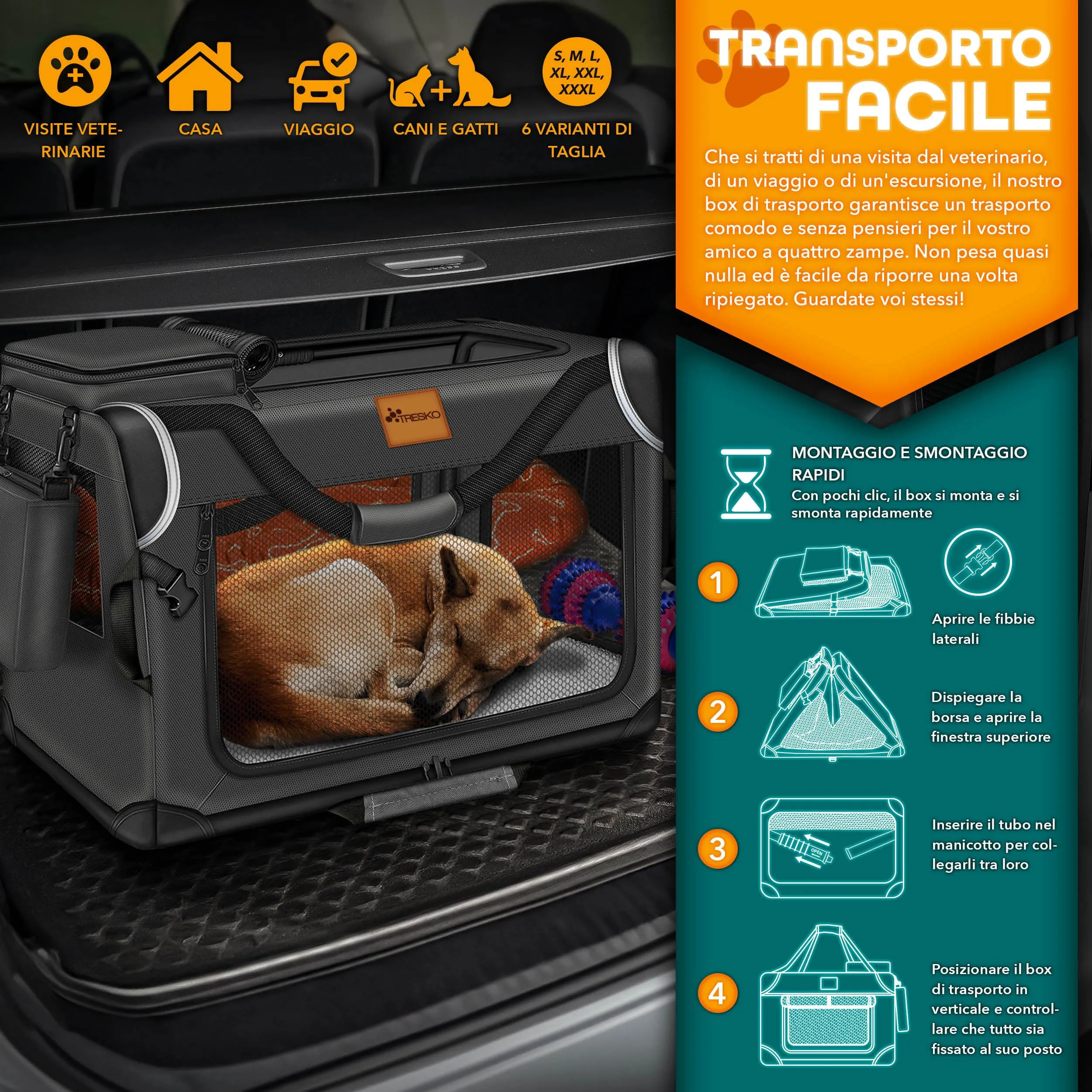 TRESKO® Box pieghevole per cani con tappetino per perdite, spatola e riflettori XXL 92 x 63 x 63 cm trasportino per cani e gatti, borsa per cani robusta robusta - immagine 7