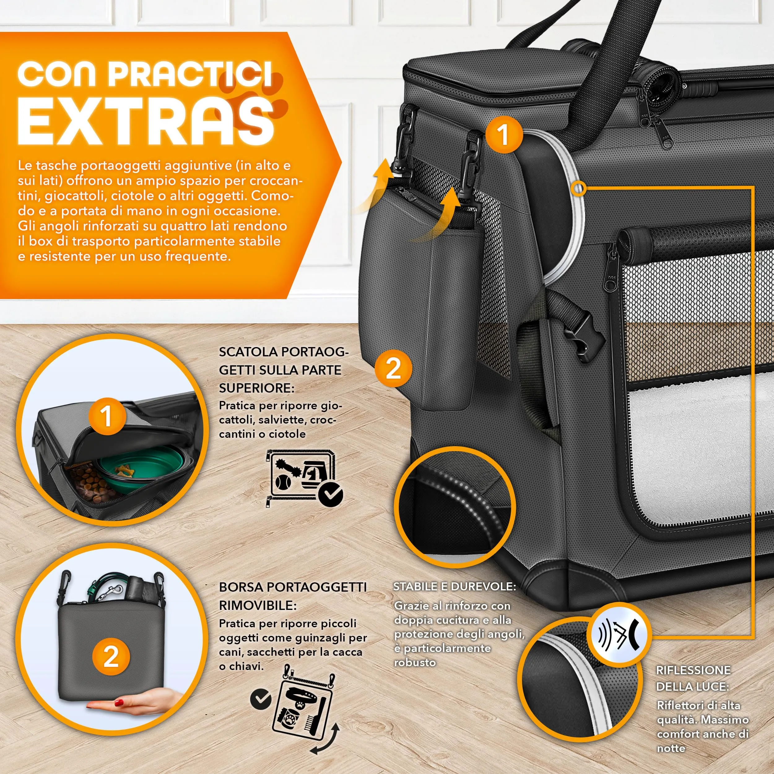 TRESKO® Box per cani pieghevole, con tappetino per mangiare e spatola, trasportino robusto per cani e gatti di piccola e grande taglia, S (50 x 34 x 34 cm), antracite - immagine 3