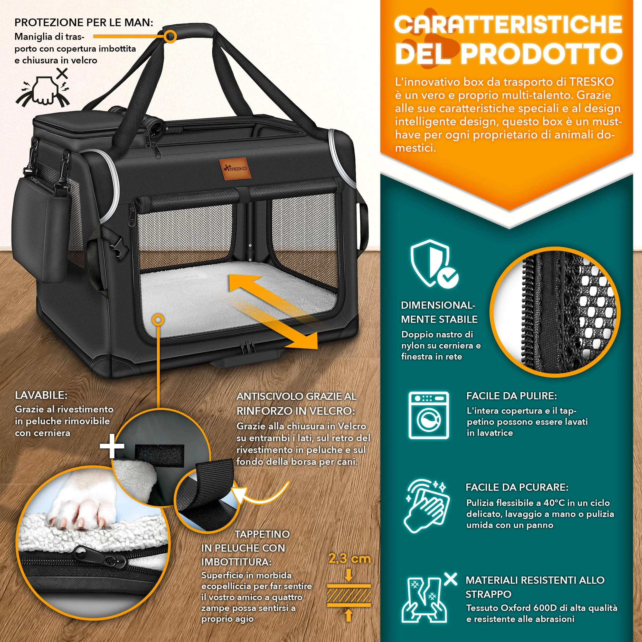 TRESKO® Box per cani pieghevole, con tappetino per mangiare e spatola, trasportino robusto per cani e gatti di piccola e grande taglia, M (61 x 42 x 42 cm), nero - immagine 2