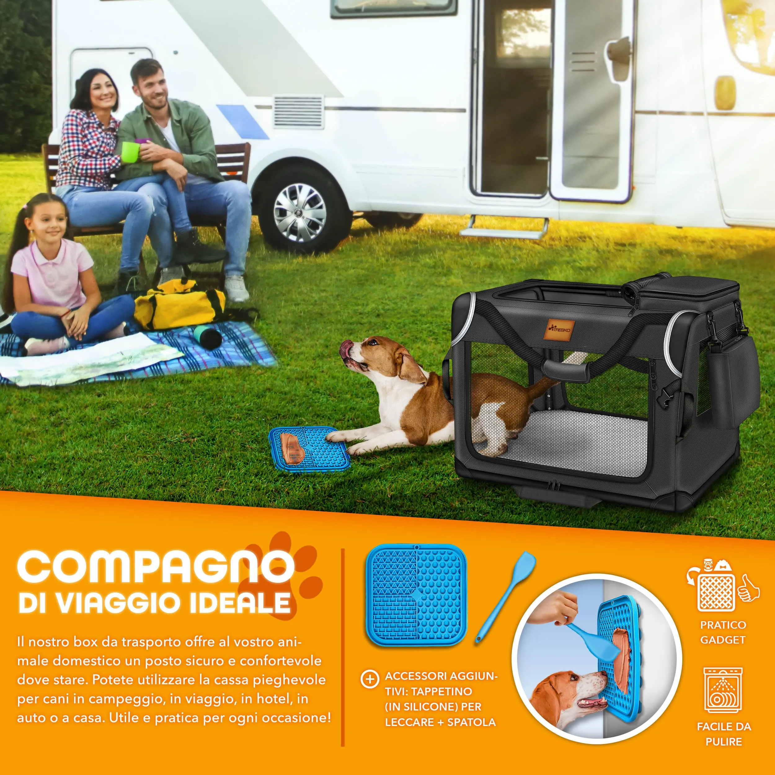 TRESKO® Box per cani pieghevole, con tappetino per mangiare e spatola, trasportino robusto per cani e gatti di piccola e grande taglia, M (61 x 42 x 42 cm), nero - immagine 5