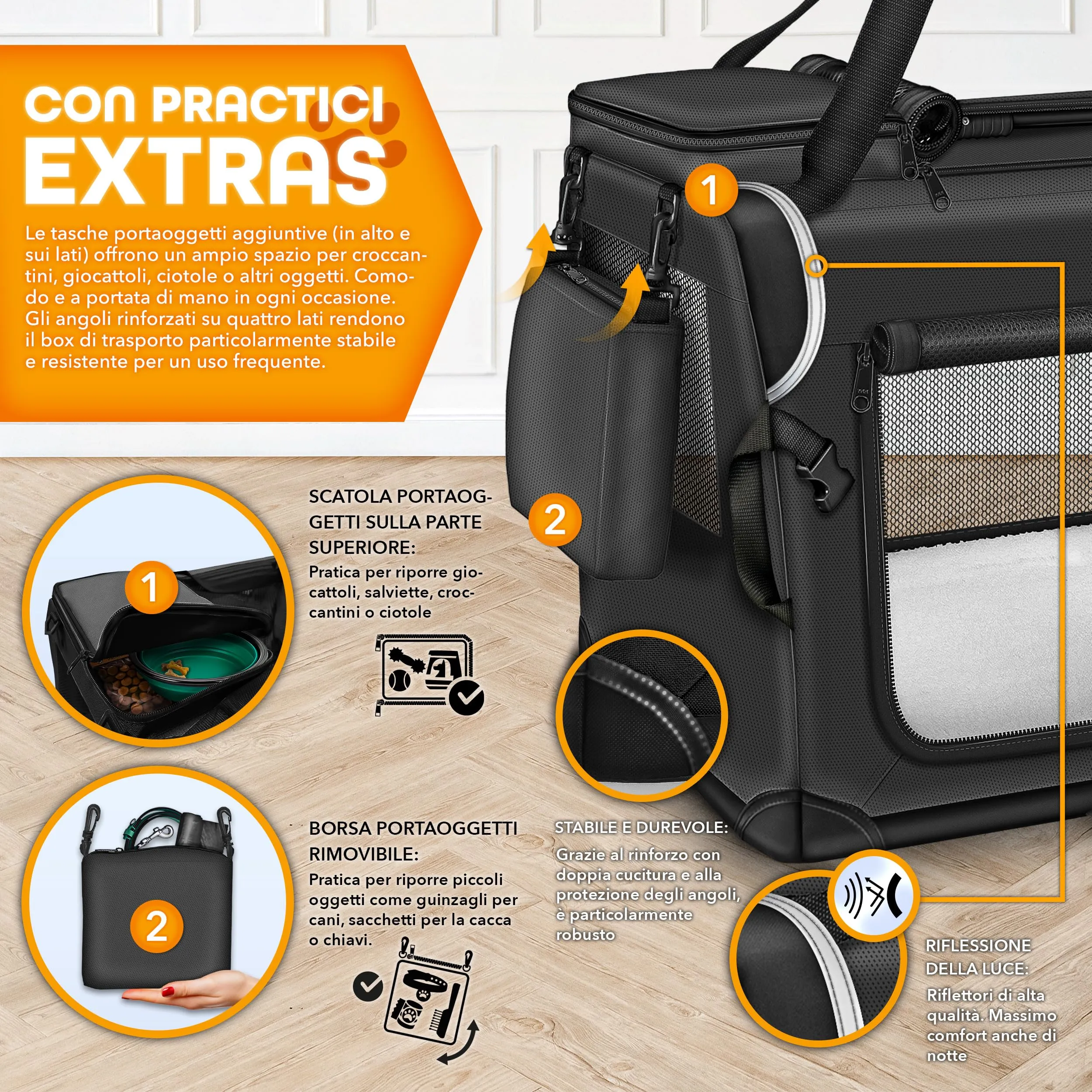 TRESKO® Box pieghevole per cani con tappetino e spatola XXL 92 x 63 x 63 cm | trasportino per cani e gatti | trasportino per cani di piccola taglia e grande | borsa per cani robusta nera, Nero - immagine 6