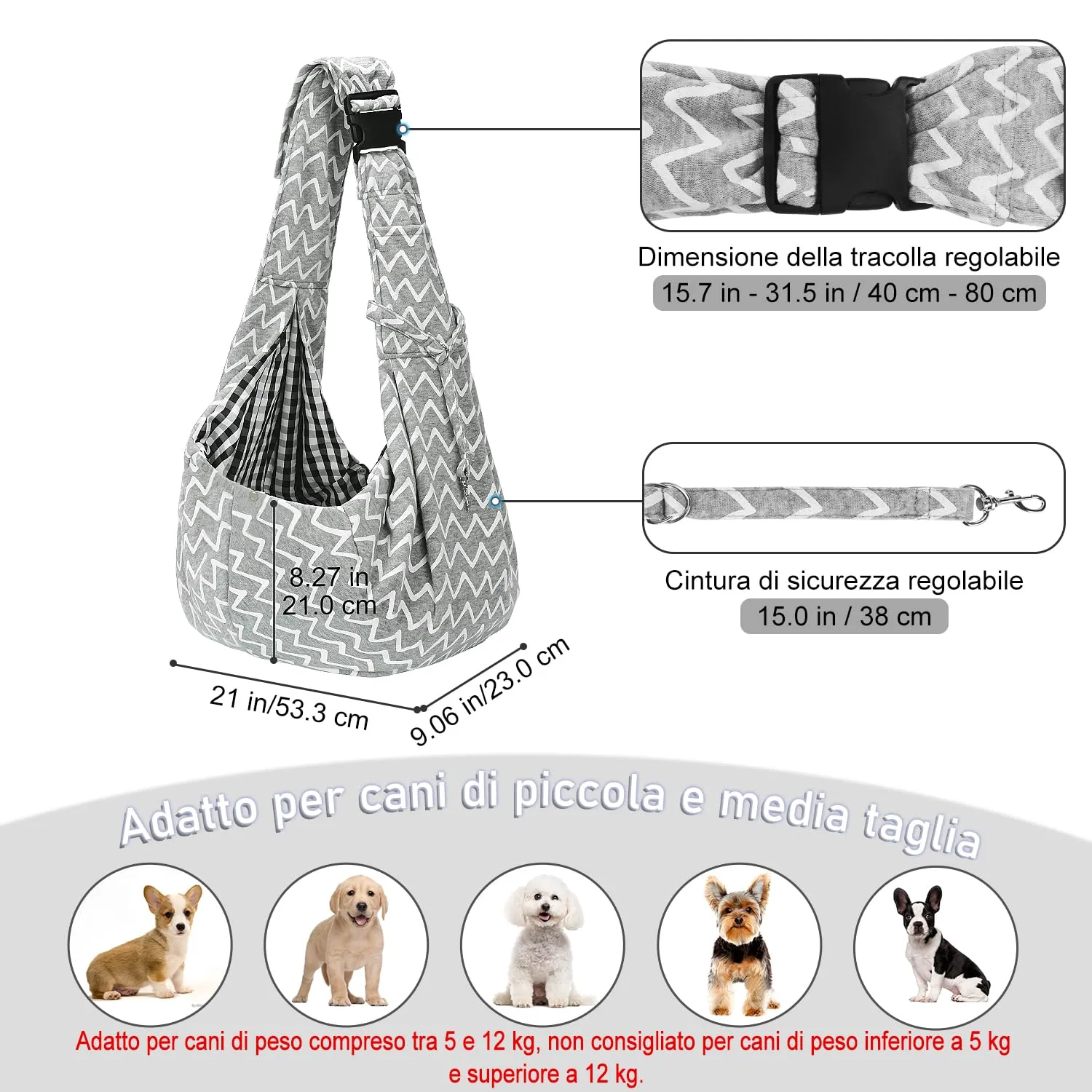 PETLOFT Reversibile Borsa Trasportino Zaino, Borsa da Trasporto per Cani Piccoli, Adjustable Borsa a Tracolla, Cross-Body Pet Sling Carrier con Gancio per Collare per Cane/Gatto Fino a 4.5kg - immagine 2