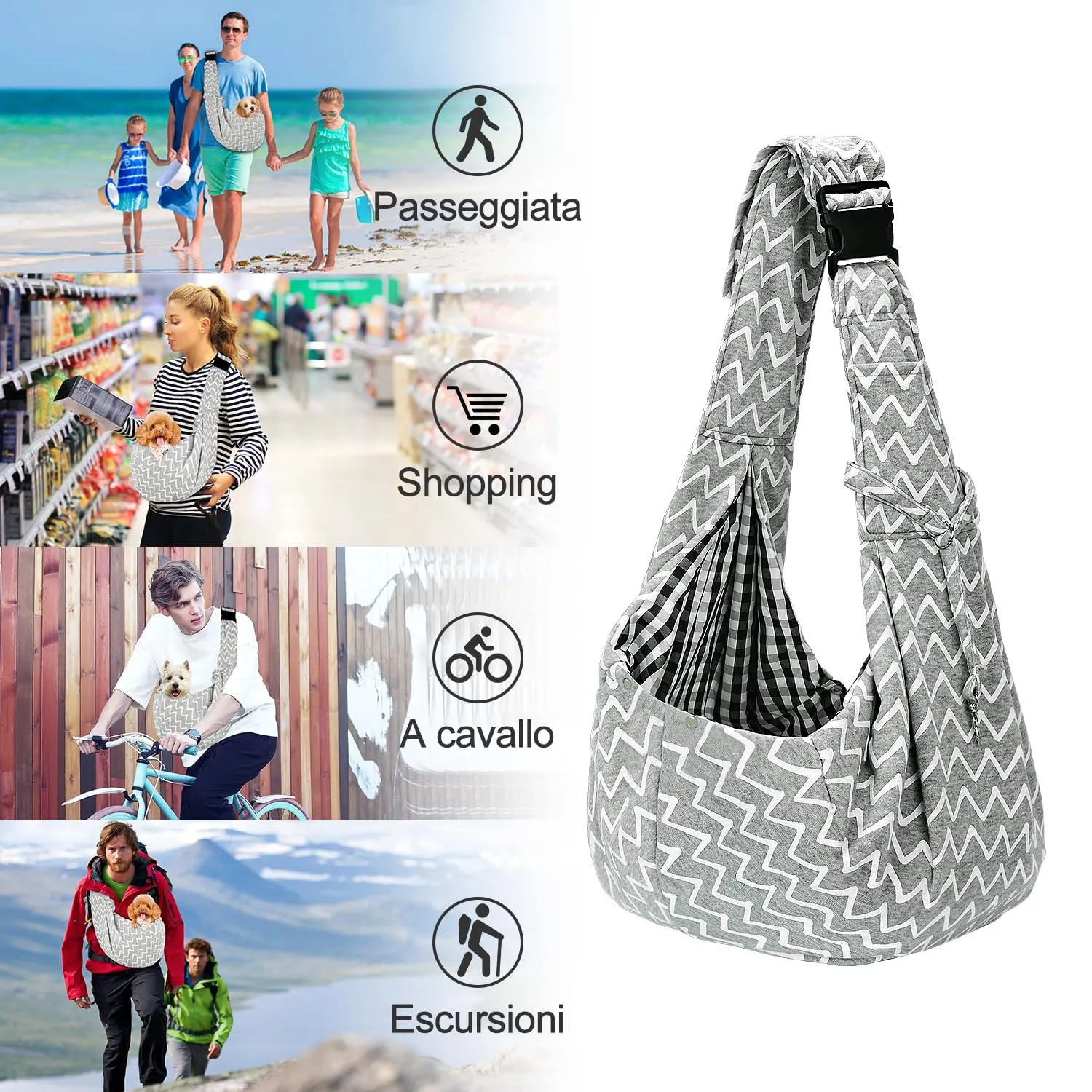PETLOFT Reversibile Borsa Trasportino Zaino, Borsa da Trasporto per Cani Piccoli, Adjustable Borsa a Tracolla, Cross-Body Pet Sling Carrier con Gancio per Collare per Cane/Gatto Fino a 4.5kg - immagine 7