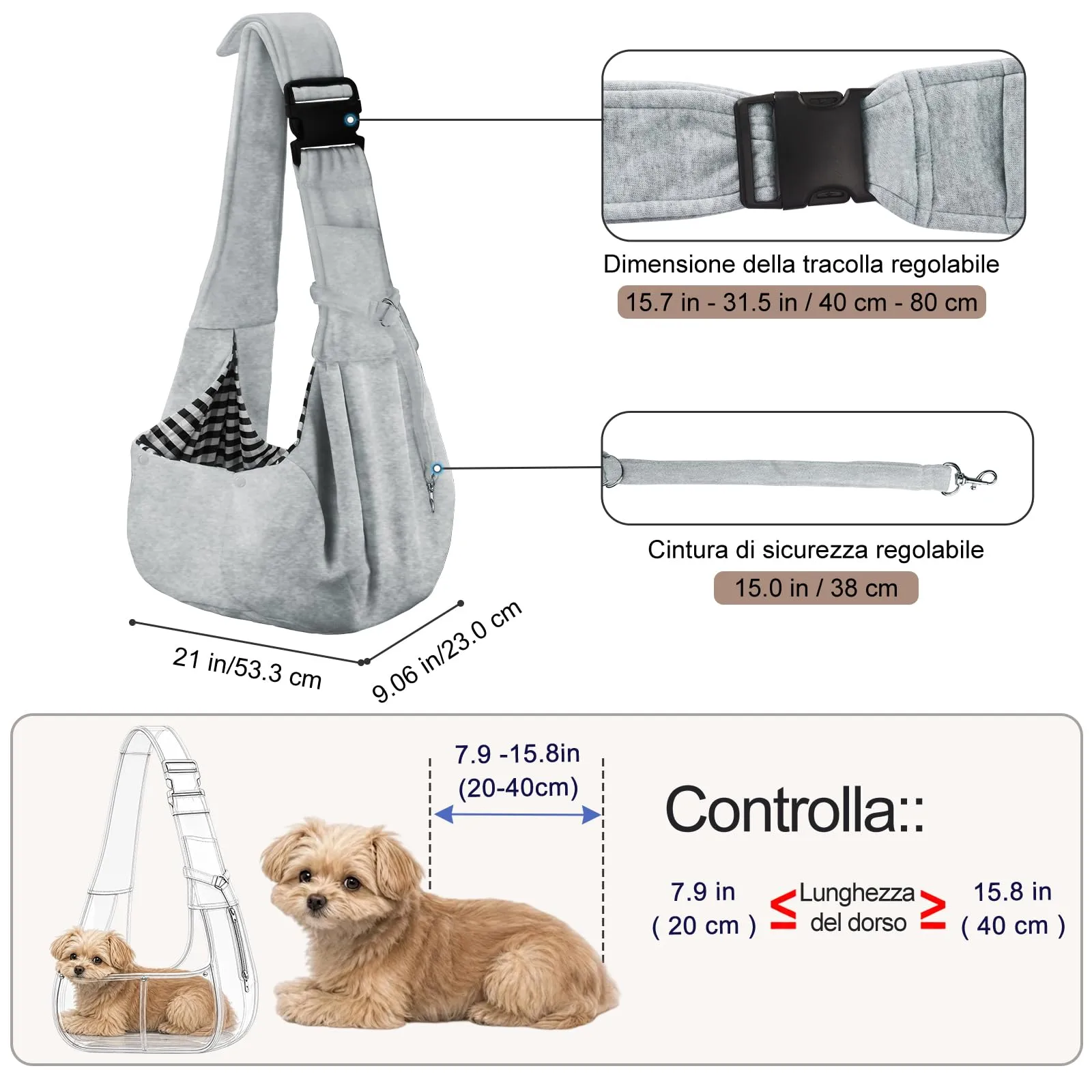 PETLOFT Reversibile Borsa Trasportino Zaino, Borsa da Trasporto per Cani Piccoli, Adjustable Borsa a Tracolla, Cross-Body Pet Sling Carrier con Gancio per Collare per Cane/Gatto Fino a 4.5kg - immagine 2