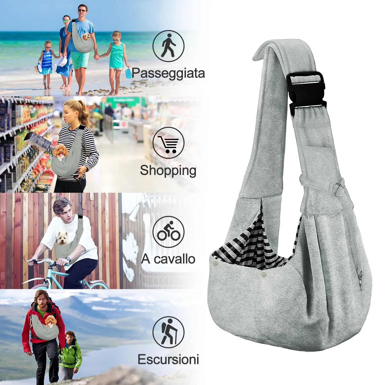 PETLOFT Reversibile Borsa Trasportino Zaino, Borsa da Trasporto per Cani Piccoli, Adjustable Borsa a Tracolla, Cross-Body Pet Sling Carrier con Gancio per Collare per Cane/Gatto Fino a 4.5kg - immagine 7