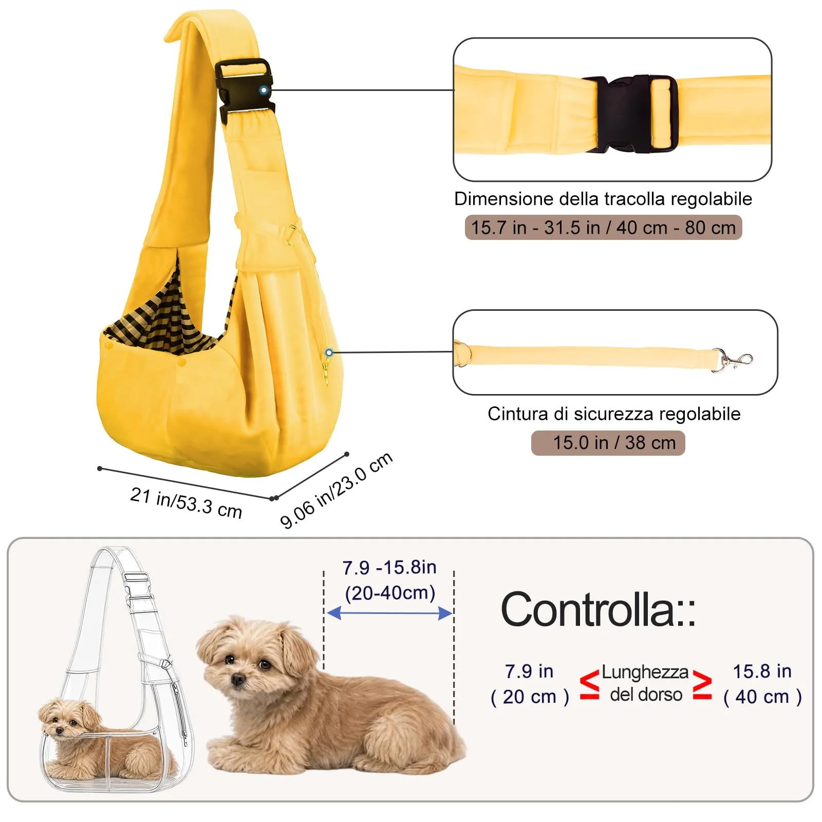 PETLOFT Reversibile Borsa Trasportino Zaino, Borsa da Trasporto per Cani Piccoli, Adjustable Borsa a Tracolla, Cross-Body Pet Sling Carrier con Gancio per Collare per Cane/Gatto Fino a 4.5kg - immagine 2