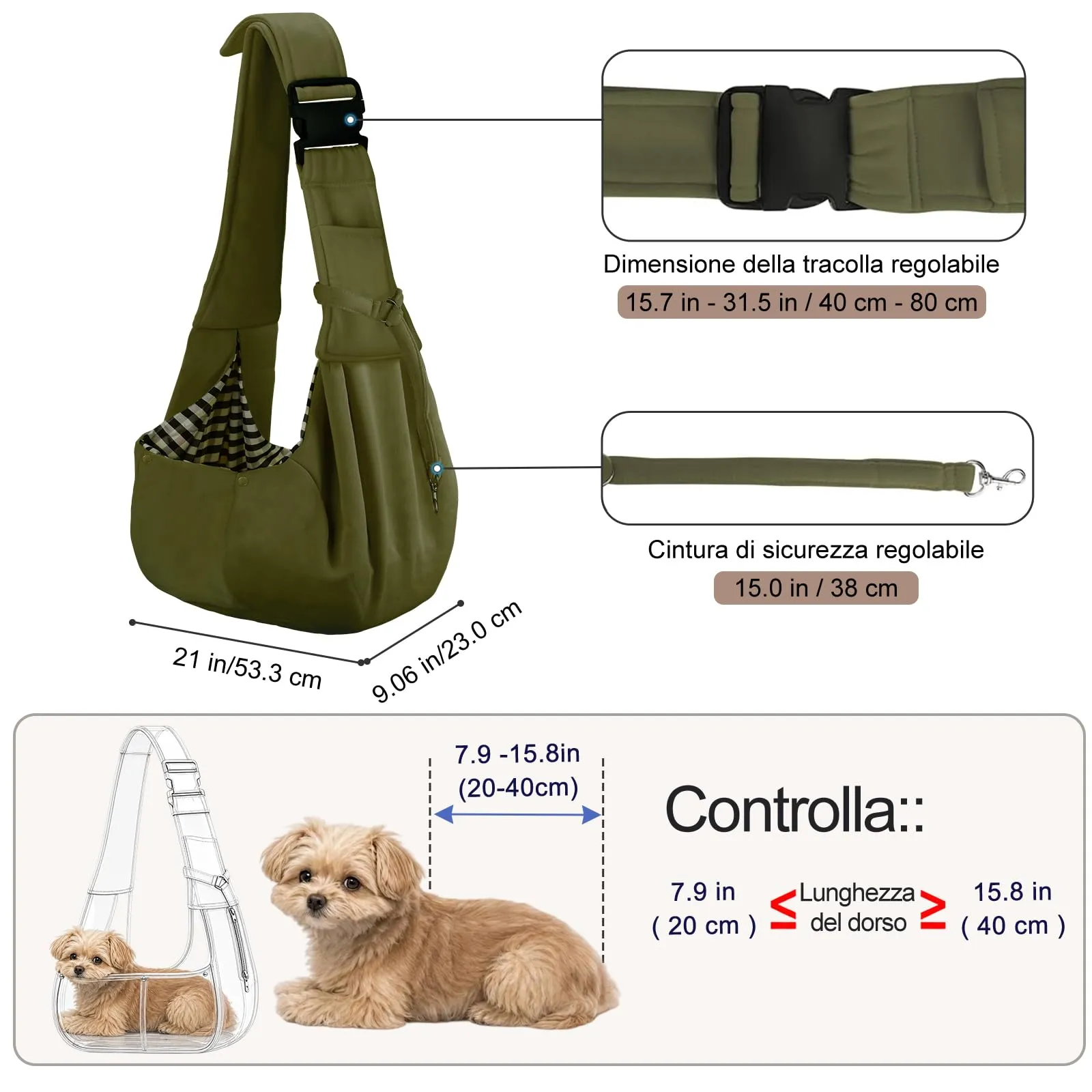 PETLOFT Reversibile Borsa Trasportino Zaino, Borsa da Trasporto per Cani Piccoli, Adjustable Borsa a Tracolla, Cross-Body Pet Sling Carrier con Gancio per Collare per Cane/Gatto Fino a 4.5kg - immagine 2