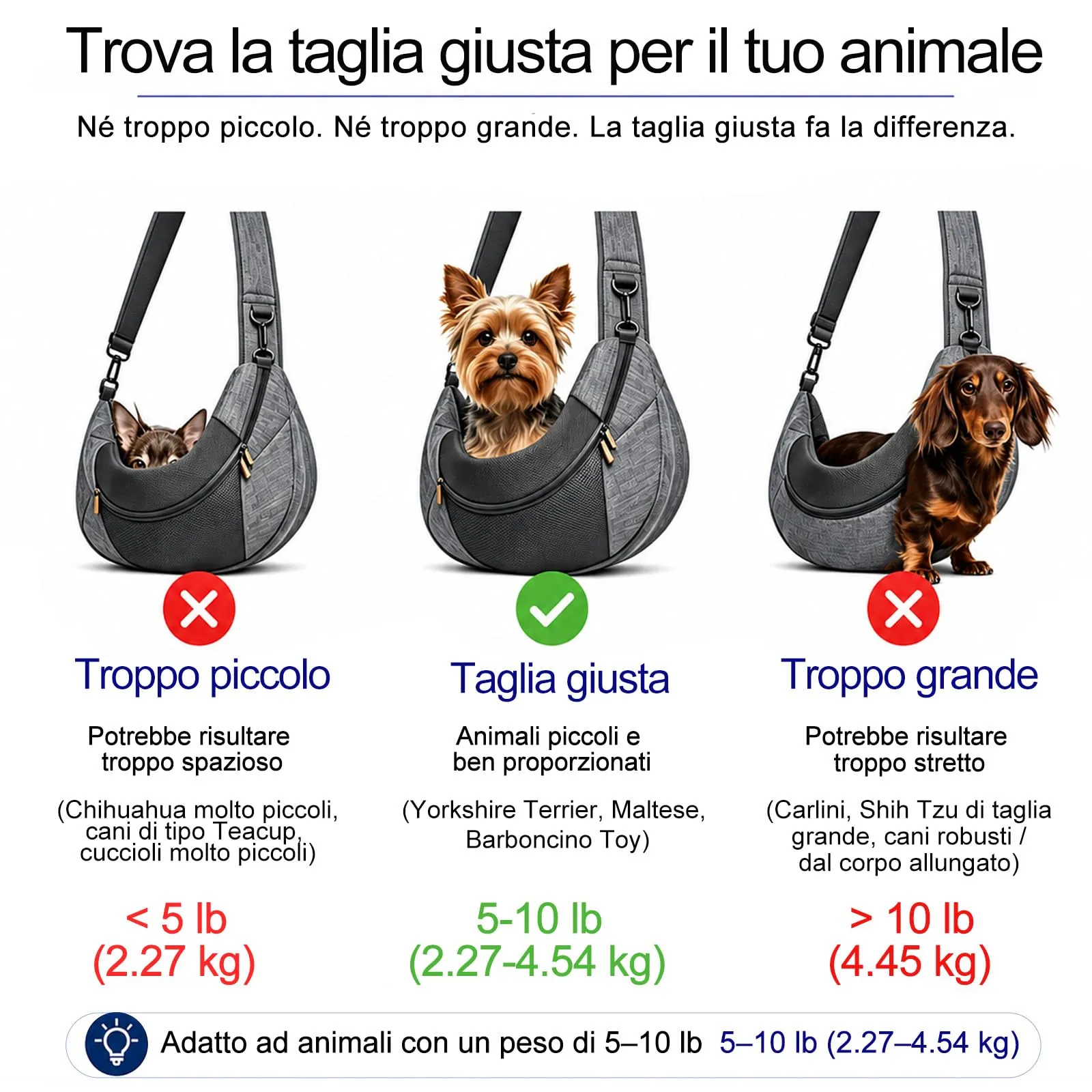 PETLOFT Reversibile Borsa Trasportino Zaino, Borsa da Trasporto per Cani Piccoli, Adjustable Borsa a Tracolla, Cross-Body Pet Sling Carrier con Gancio per Collare per Cane/Gatto Fino a 4.5kg - immagine 8