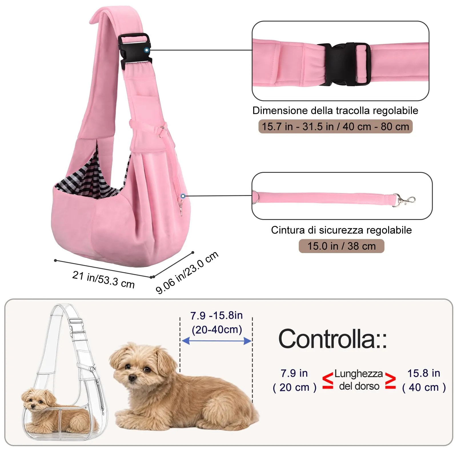 PETLOFT Reversibile Borsa Trasportino Zaino, Borsa da Trasporto per Cani Piccoli, Adjustable Borsa a Tracolla, Cross-Body Pet Sling Carrier con Gancio per Collare per Cane/Gatto Fino a 4.5kg - immagine 2