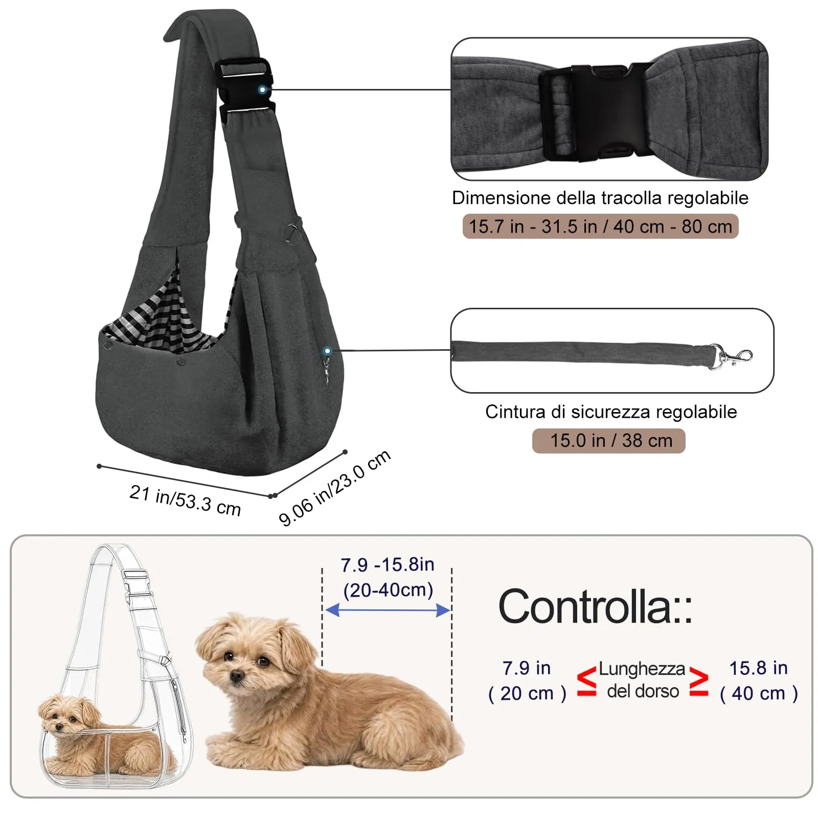 PETLOFT Reversibile Borsa Trasportino Zaino, Borsa da Trasporto per Cani Piccoli, Adjustable Borsa a Tracolla, Cross-Body Pet Sling Carrier con Gancio per Collare per Cane/Gatto Fino a 4.5kg - immagine 2