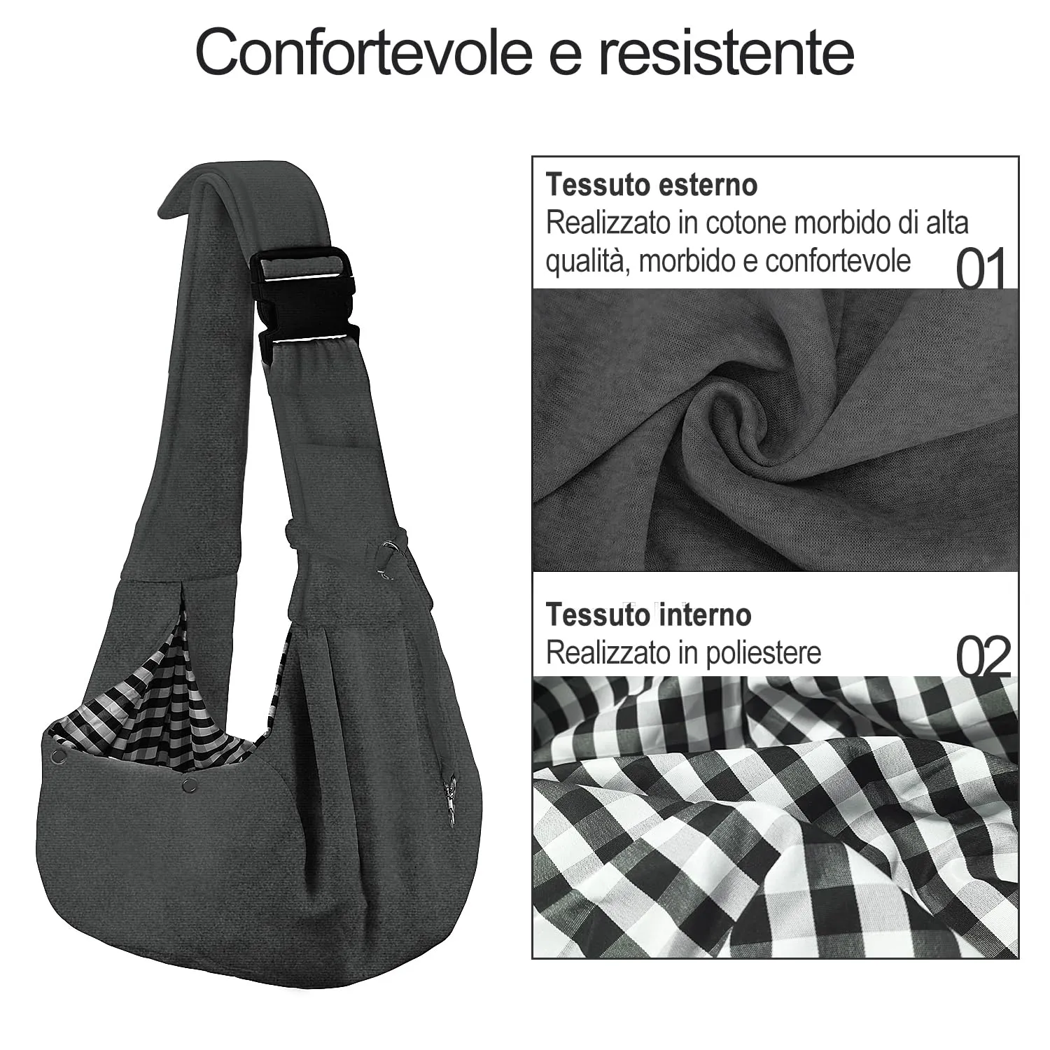 PETLOFT Reversibile Borsa Trasportino Zaino, Borsa da Trasporto per Cani Piccoli, Adjustable Borsa a Tracolla, Cross-Body Pet Sling Carrier con Gancio per Collare per Cane/Gatto Fino a 4.5kg - immagine 3
