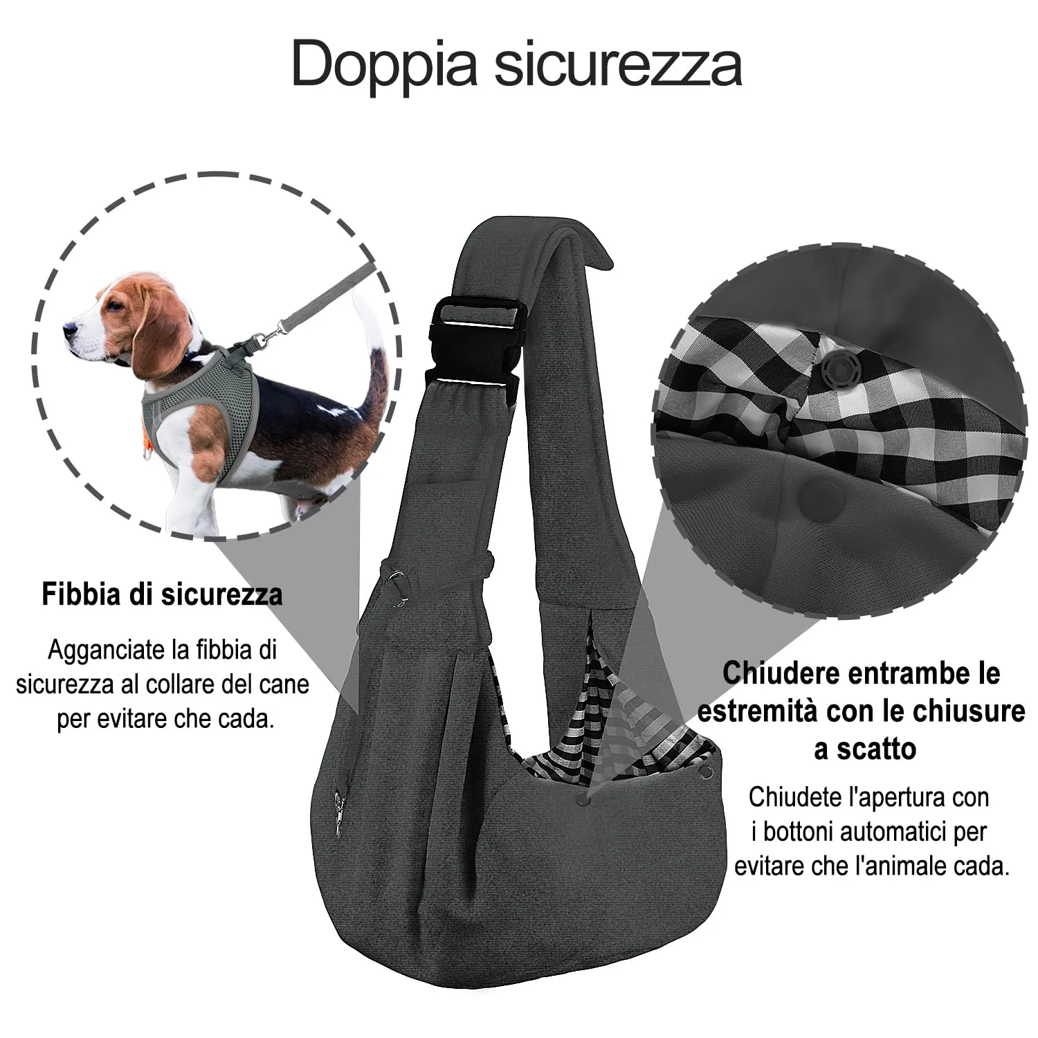 PETLOFT Reversibile Borsa Trasportino Zaino, Borsa da Trasporto per Cani Piccoli, Adjustable Borsa a Tracolla, Cross-Body Pet Sling Carrier con Gancio per Collare per Cane/Gatto Fino a 4.5kg - immagine 4
