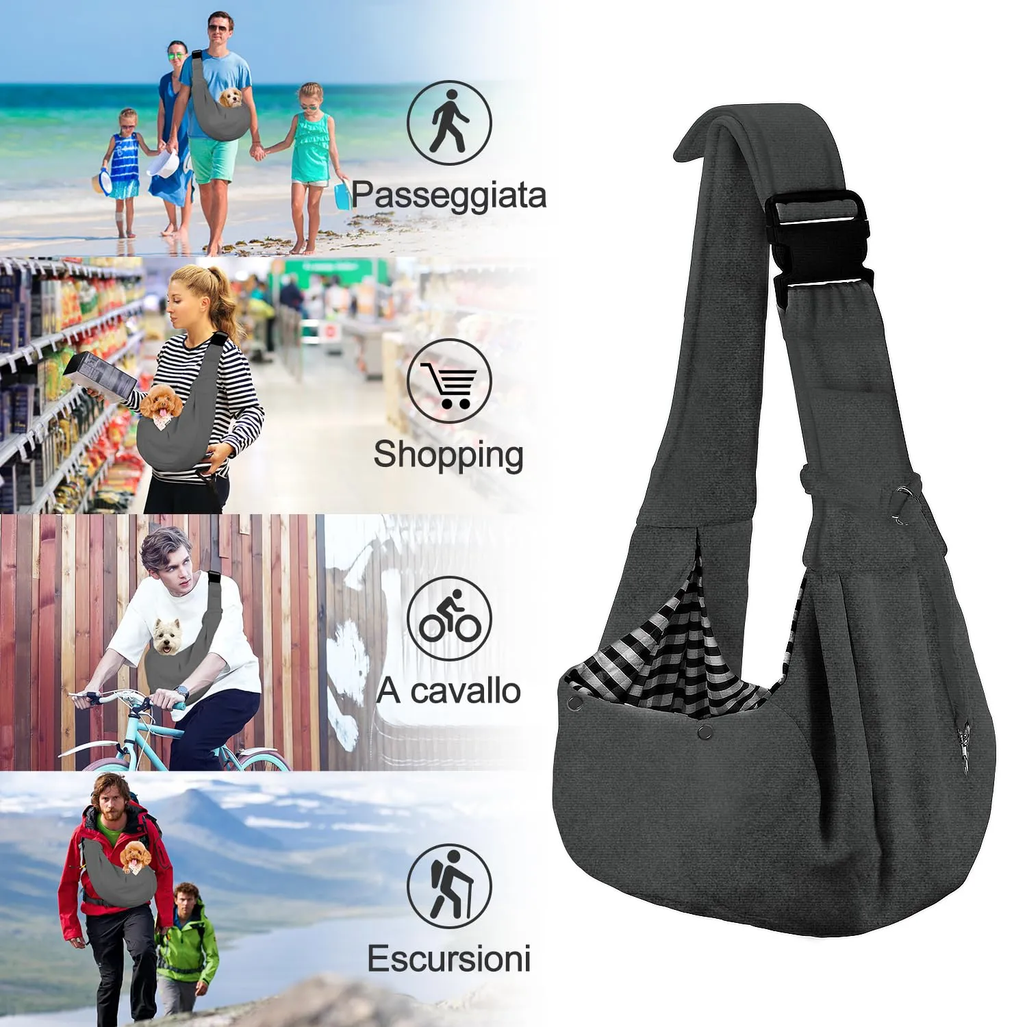 PETLOFT Reversibile Borsa Trasportino Zaino, Borsa da Trasporto per Cani Piccoli, Adjustable Borsa a Tracolla, Cross-Body Pet Sling Carrier con Gancio per Collare per Cane/Gatto Fino a 4.5kg - immagine 7
