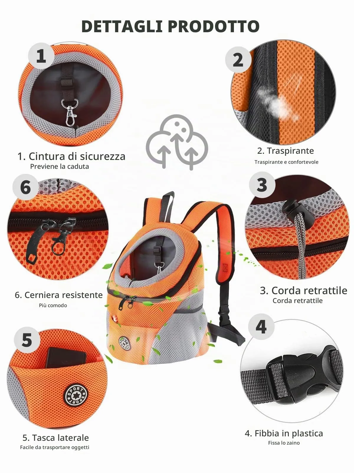 PETCUTE Zaino Trasporto Cane e Cuccioli,Zaino Traspirante per Cani per Animali Domestici,Guinzaglio di Sicurezza,Marsupio per Cani di Piccola Taglia e Gatti,Apertura Regolabile,per Viaggio - immagine 4