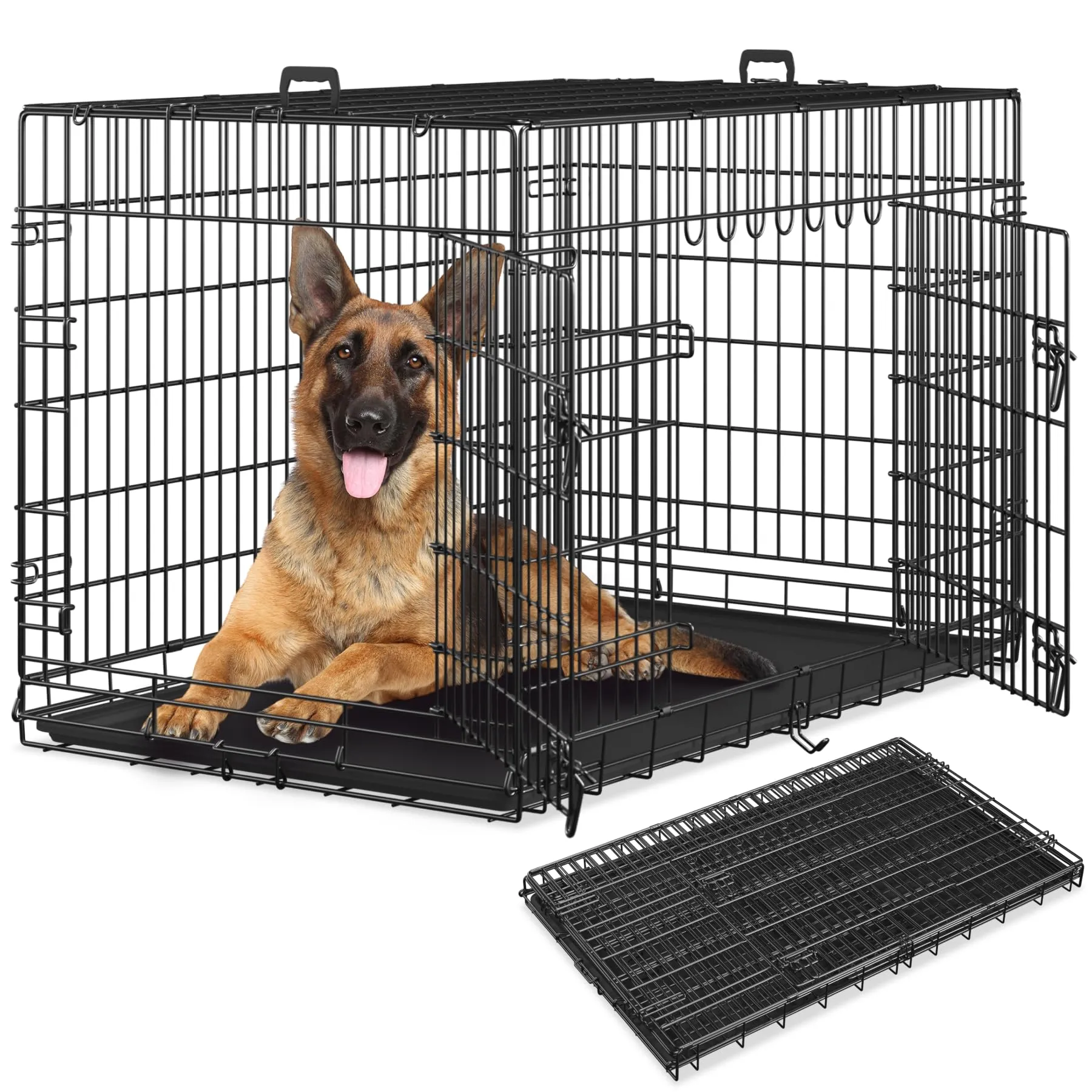 tectake Gabbia per cani pieghevole con design a griglia in acciaio, vassoio di base rimovibile per la pulizia e 2 porte con doppia chiusura, gabbia portatile per gatti, conigli e cani con 2 maniglie - immagine 1