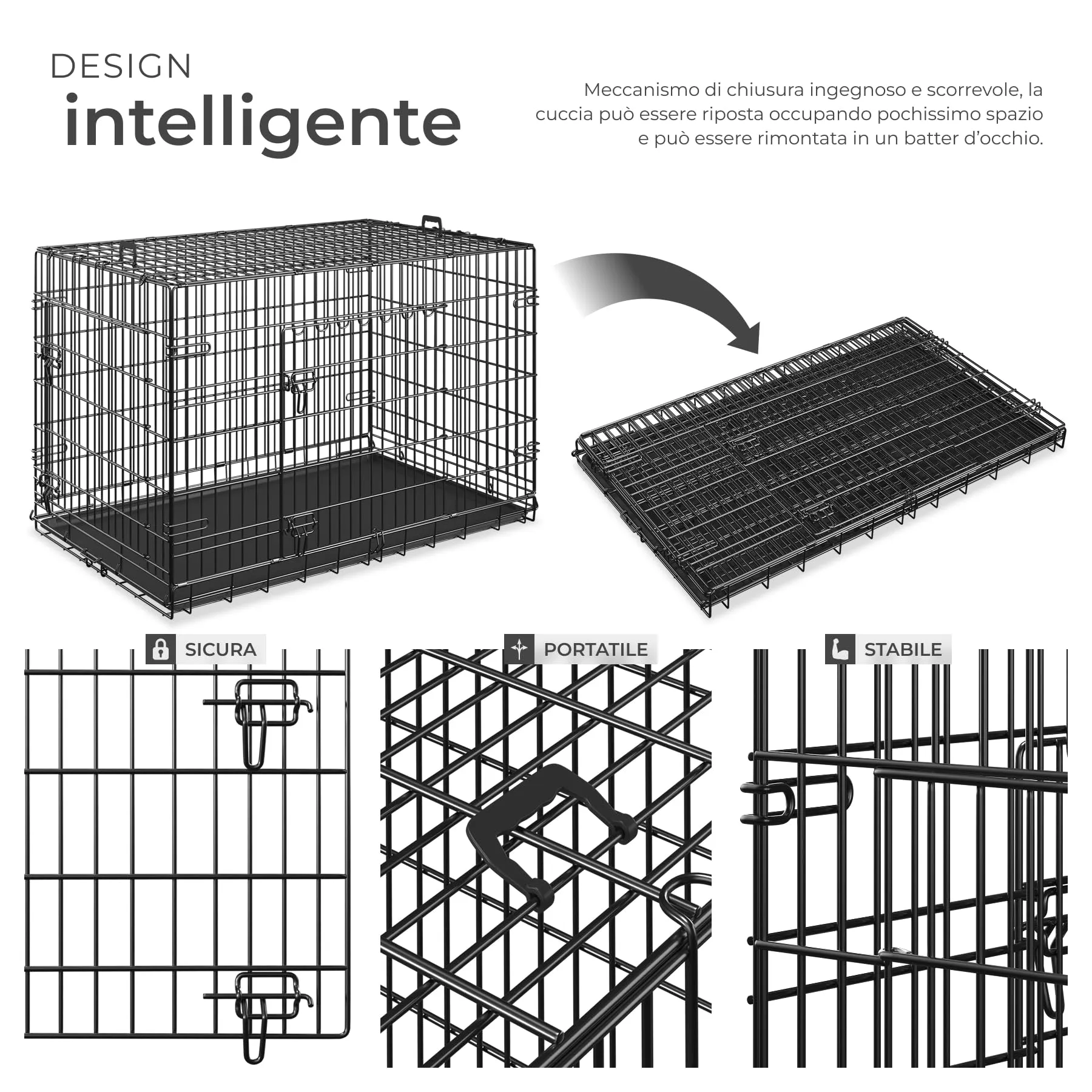 tectake Gabbia per cani pieghevole con design a griglia in acciaio, vassoio di base rimovibile per la pulizia e 2 porte con doppia chiusura, gabbia portatile per gatti, conigli e cani con 2 maniglie - immagine 3
