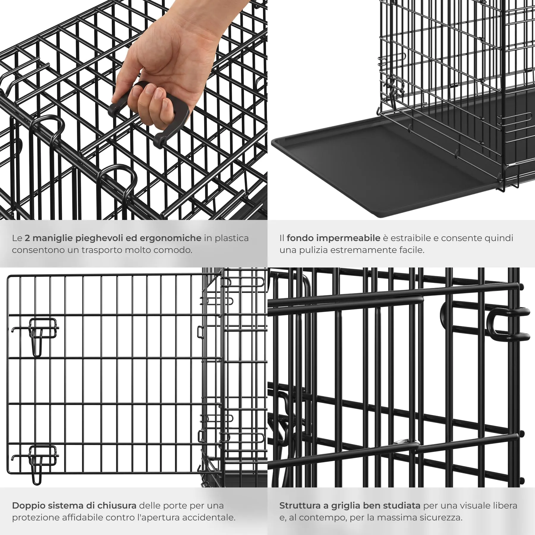 tectake Gabbia per cani pieghevole con design a griglia in acciaio, vassoio di base rimovibile per la pulizia e 2 porte con doppia chiusura, gabbia portatile per gatti, conigli e cani con 2 maniglie - immagine 5