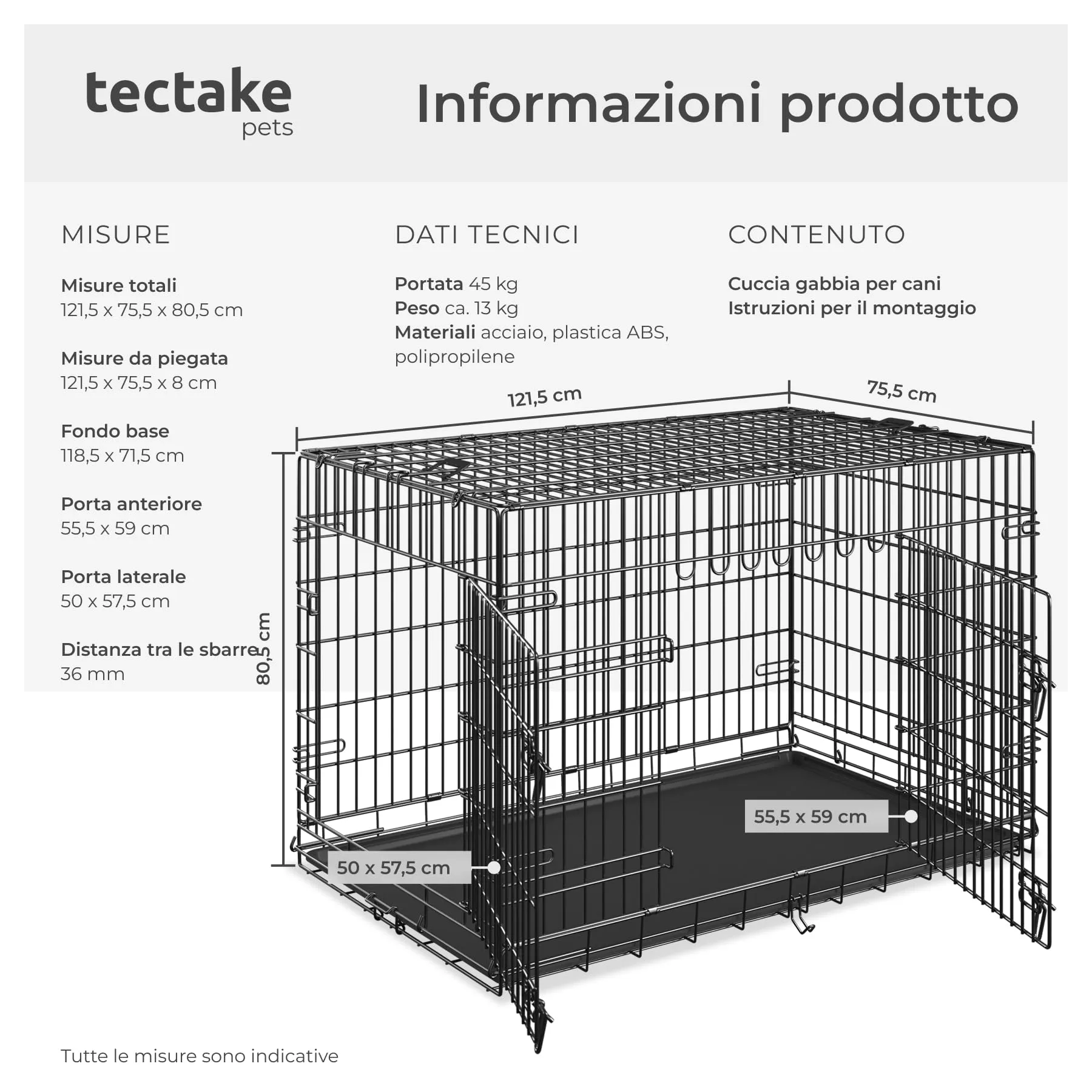tectake Gabbia per cani pieghevole con design a griglia in acciaio, vassoio di base rimovibile per la pulizia e 2 porte con doppia chiusura, gabbia portatile per gatti, conigli e cani con 2 maniglie - immagine 6