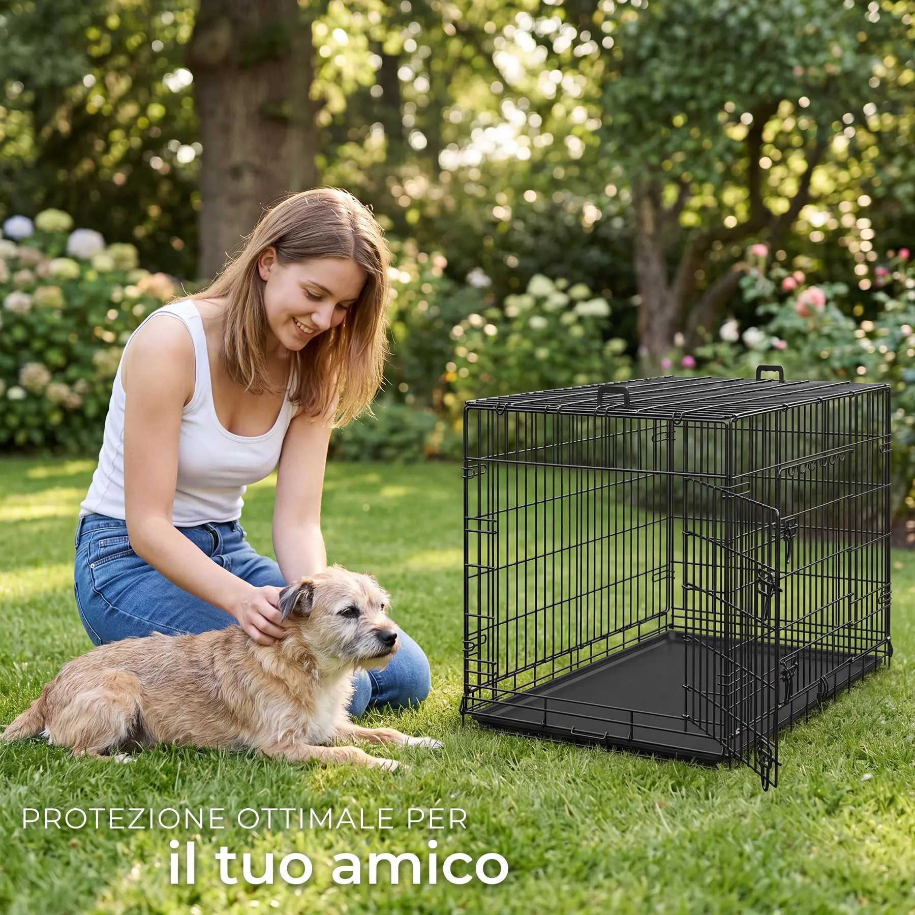 tectake Gabbia per cani pieghevole con design a griglia in acciaio, vassoio di base rimovibile per la pulizia e 2 porte con doppia chiusura, gabbia portatile per gatti, conigli e cani con 2 maniglie - immagine 9
