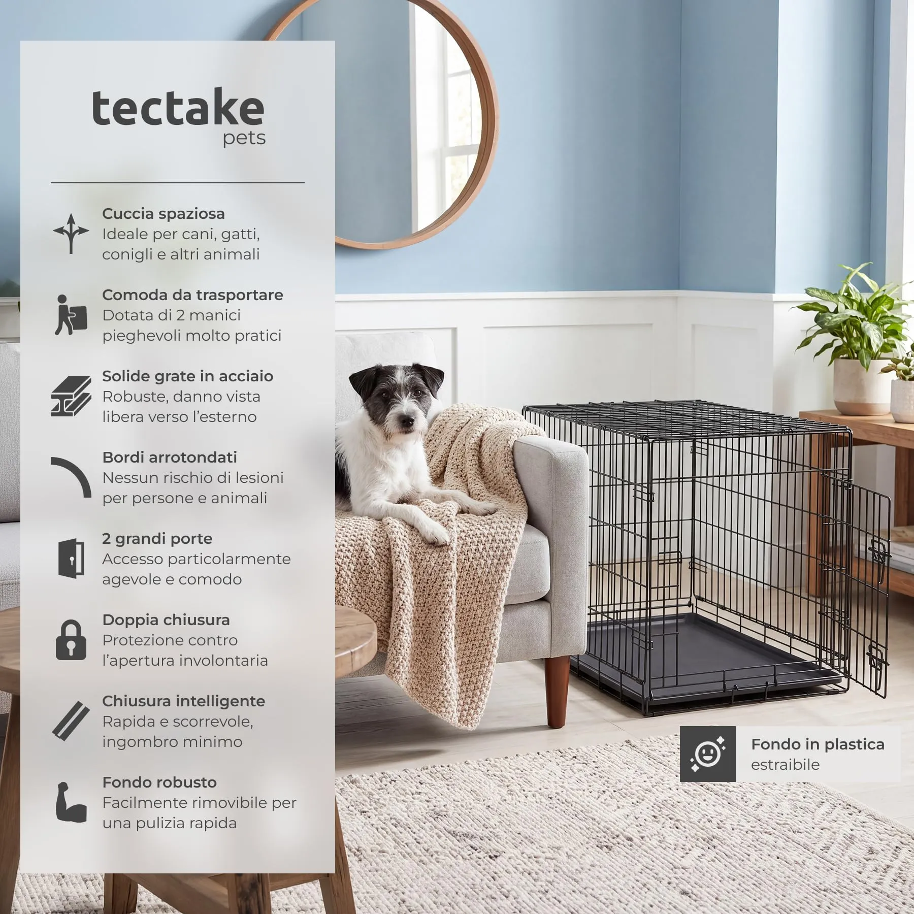 tectake® Trasportino Auto per Cani Spazioso, con Griglia in Acciaio, Pieghevole, 2 Porte, Doppia Chiusura, Vasca Rimovibile - 78x48x52,5cm - immagine 2