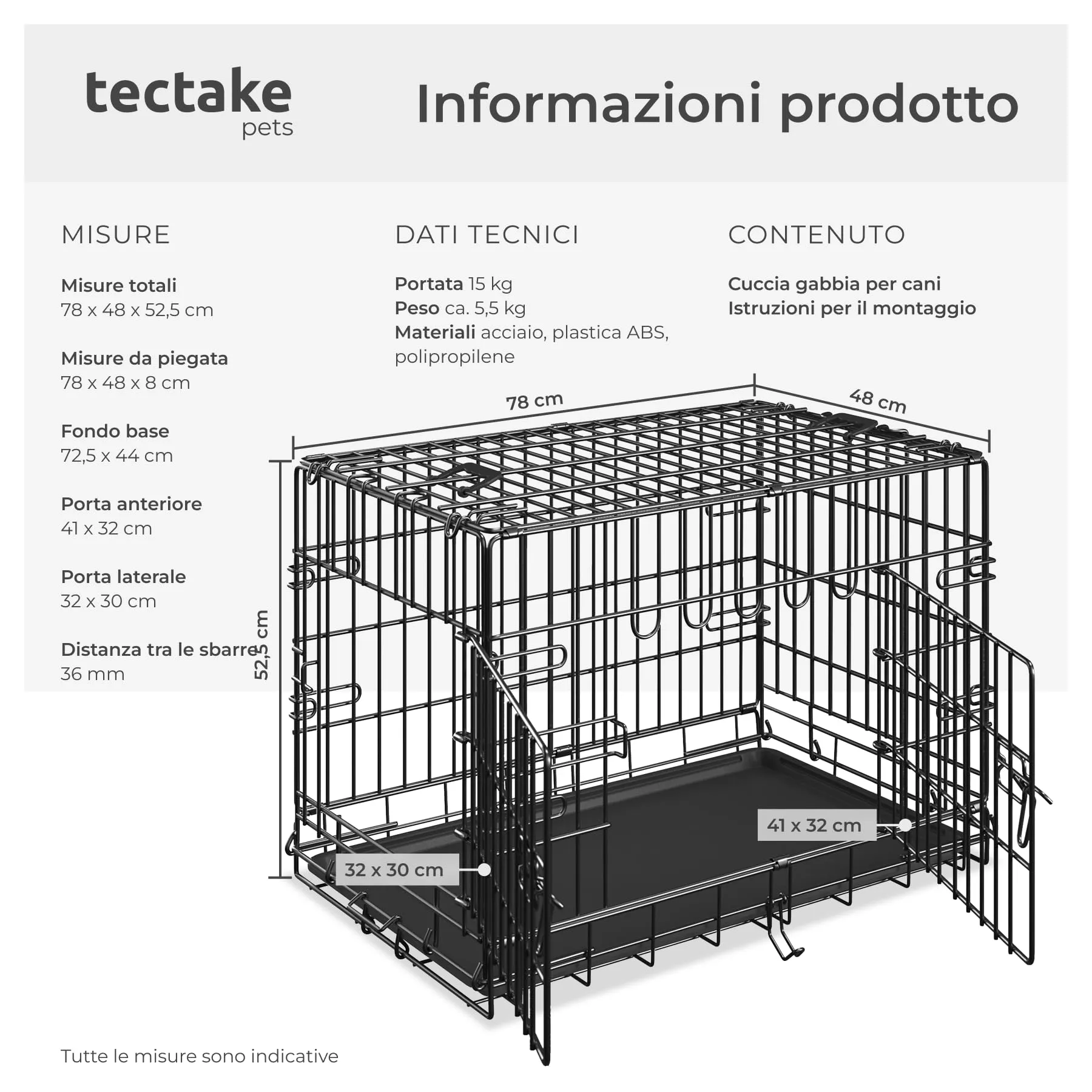 tectake® Trasportino Auto per Cani Spazioso, con Griglia in Acciaio, Pieghevole, 2 Porte, Doppia Chiusura, Vasca Rimovibile - 78x48x52,5cm - immagine 6