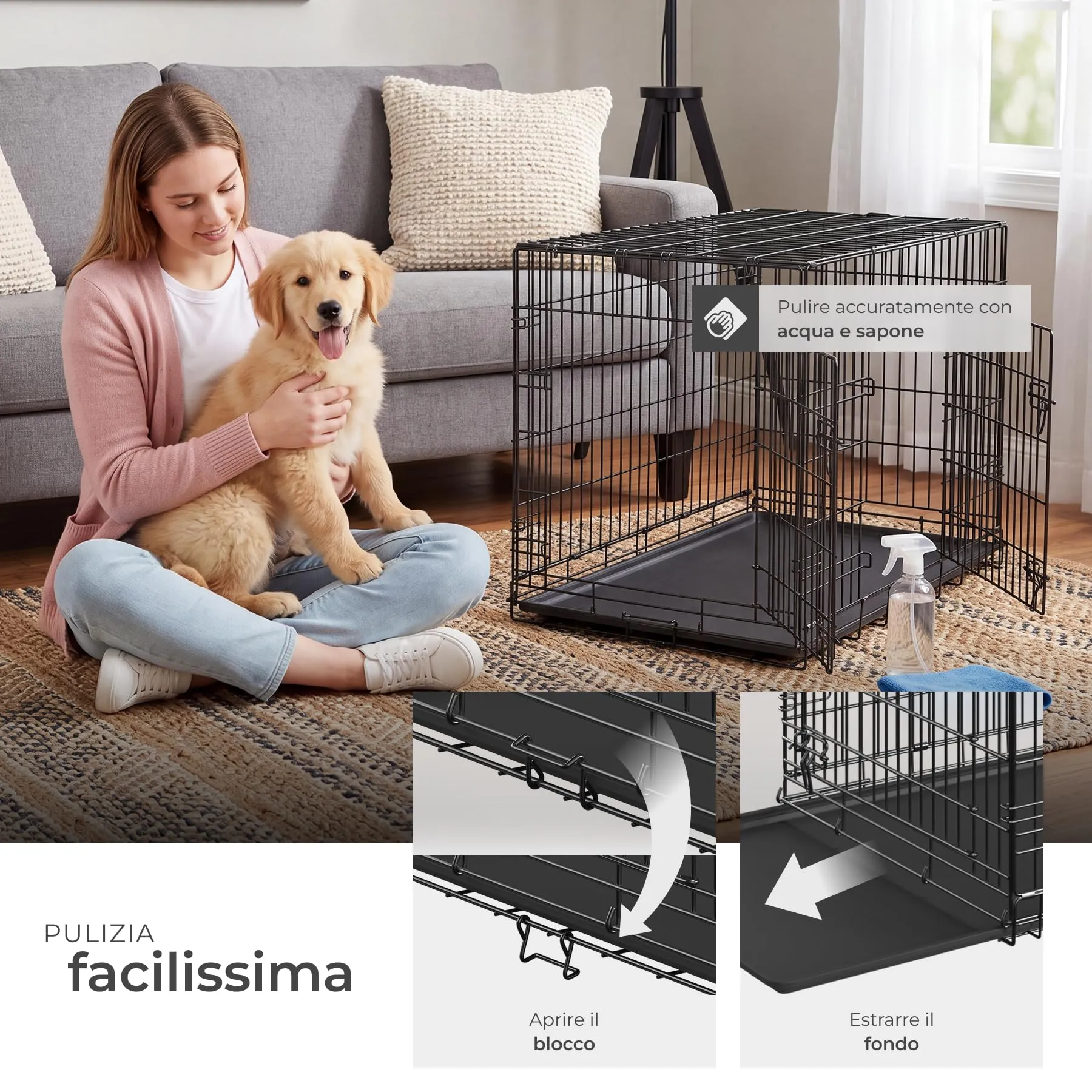 tectake Gabbia per cani pieghevole con griglia in acciaio, vassoio di base rimovibile per la pulizia e 2 porte con doppia chiusura, gabbia portatile per gatti, conigli e cani con 2 maniglie per il - immagine 4