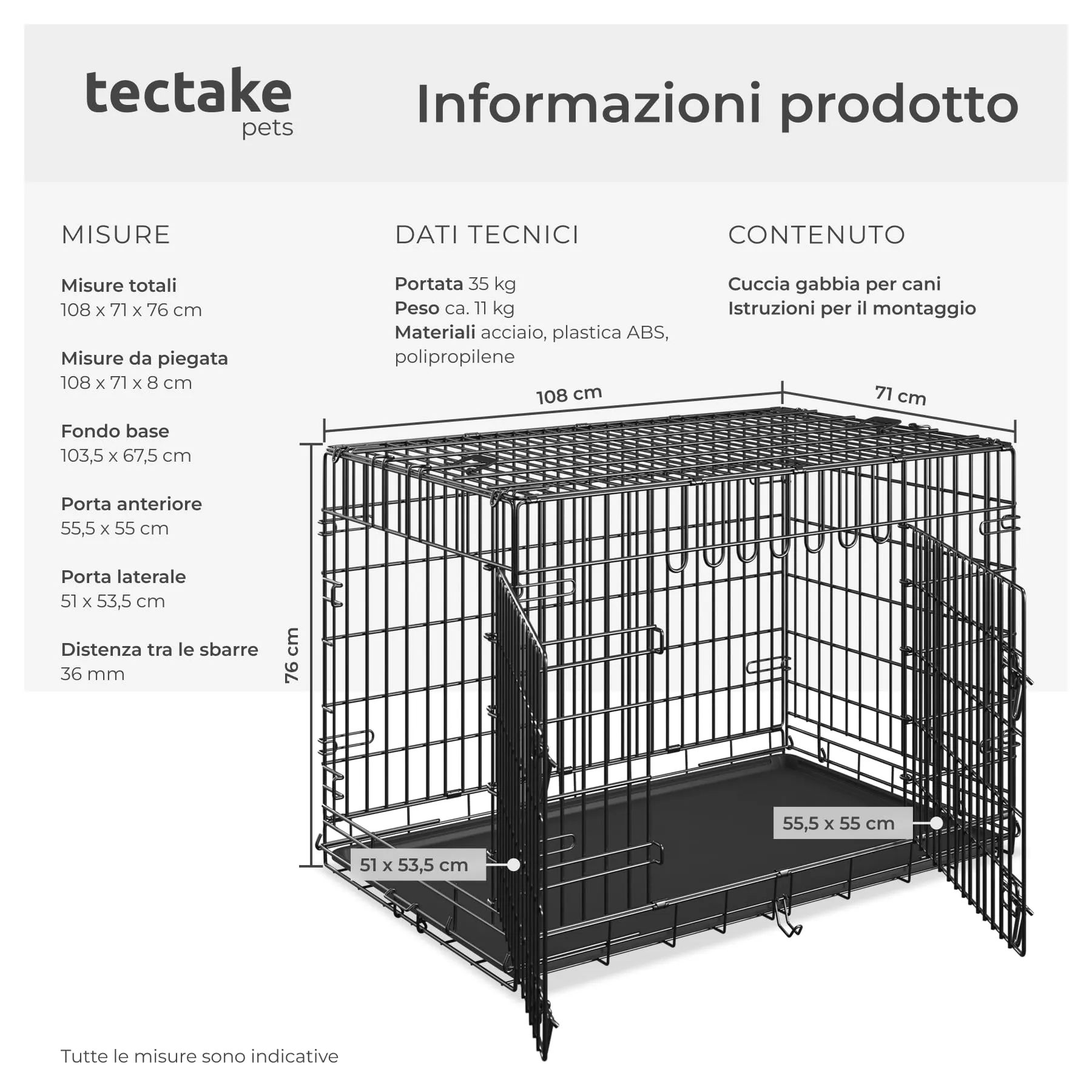 tectake Gabbia per cani pieghevole con griglia in acciaio, vassoio di base rimovibile per la pulizia e 2 porte con doppia chiusura, gabbia portatile per gatti, conigli e cani con 2 maniglie per il - immagine 6