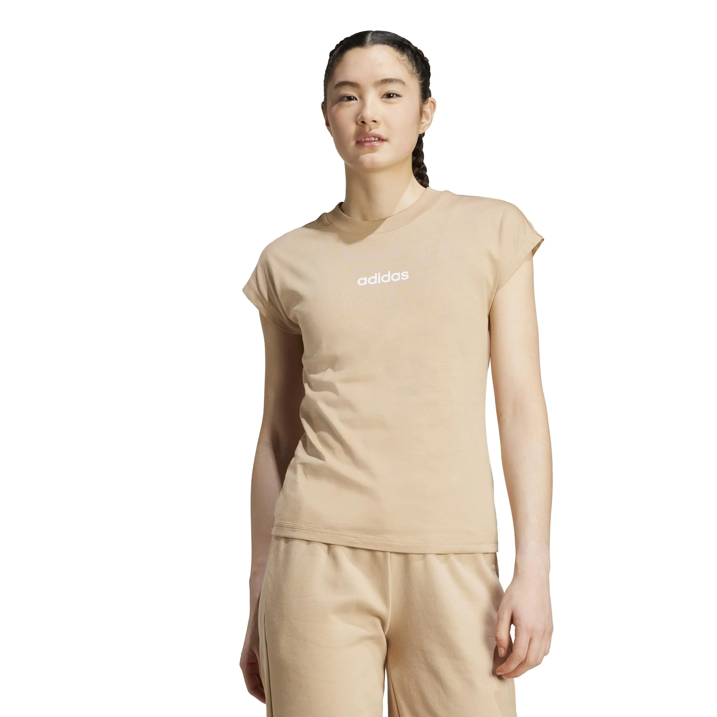 Adidas Donna Essentials Linear Cotton T-Shirt, Warm Sandstone/White, L - immagine 2