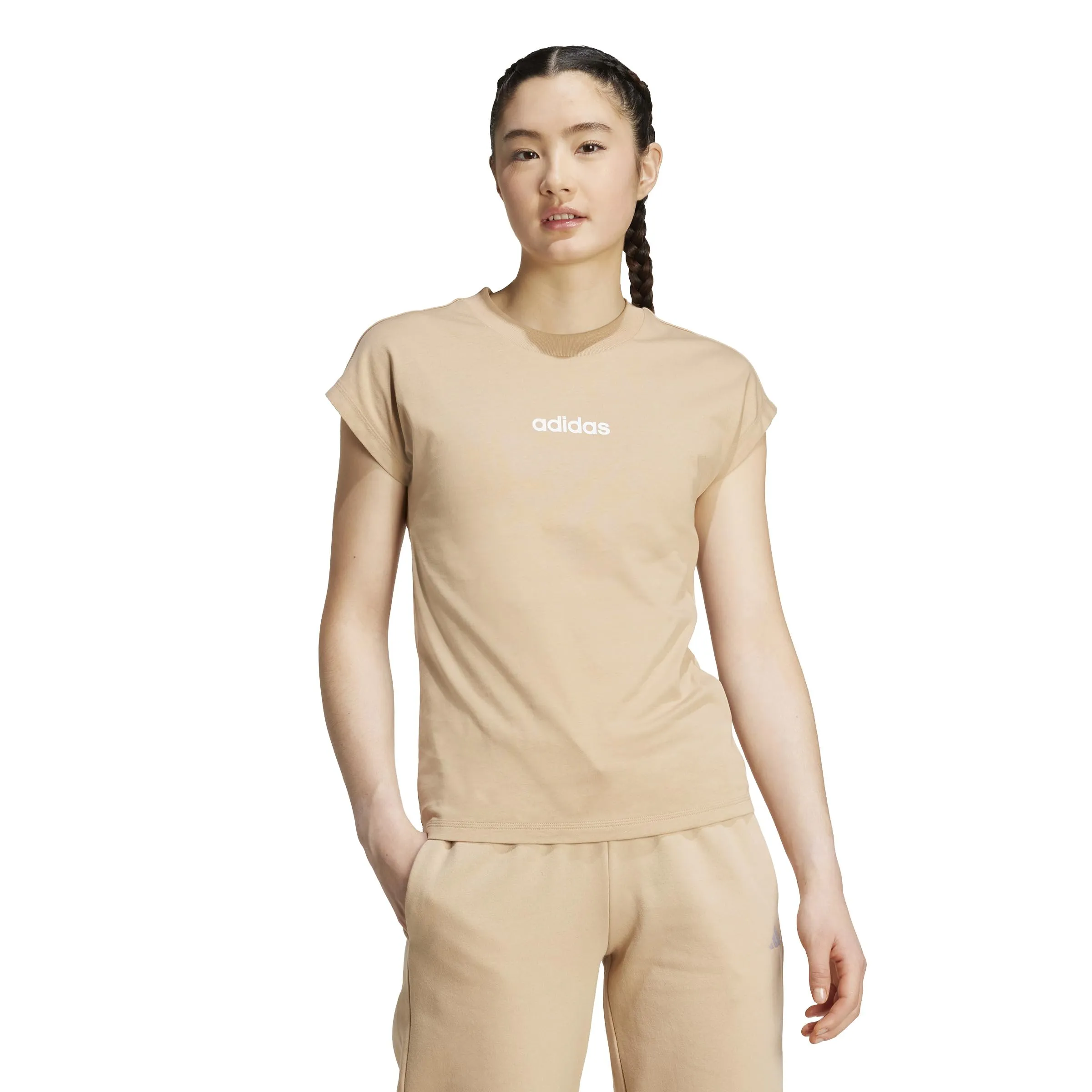 Adidas Donna Essentials Linear Cotton T-Shirt, Warm Sandstone/White, L - immagine 4