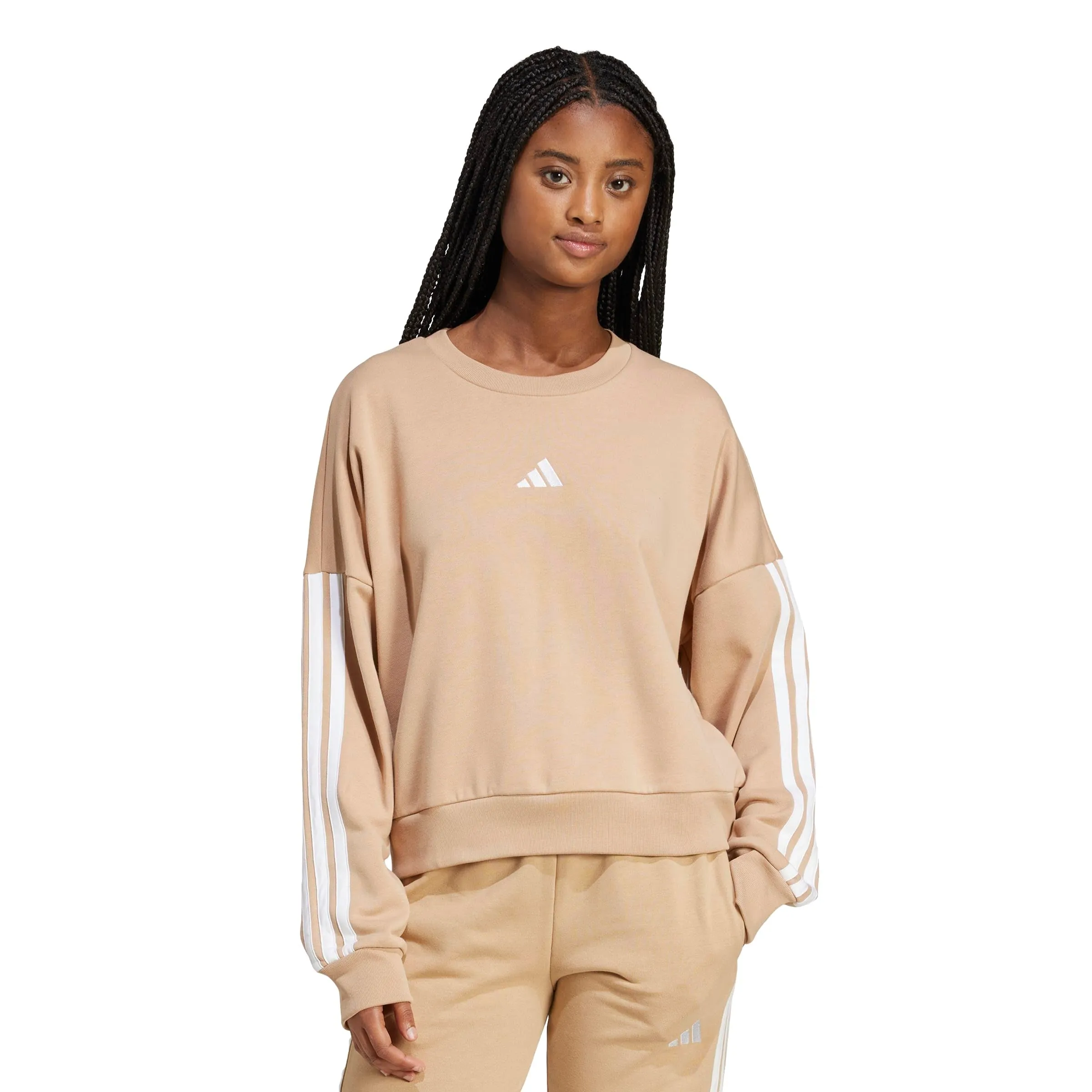 Adidas Donna Essentials 3-Stripes French Terry Sweatshirt, Warm Sandstone/White, S - immagine 3