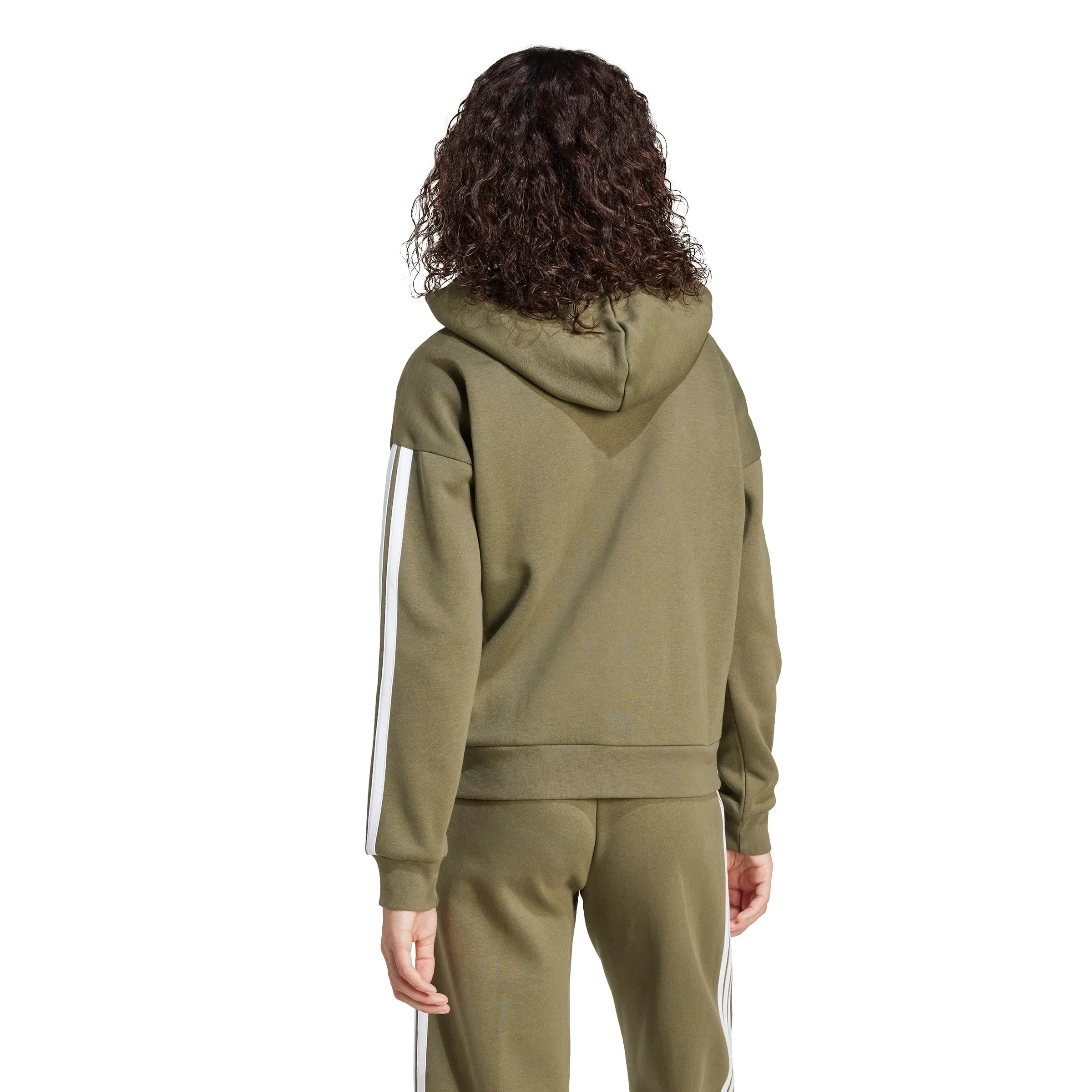Adidas Women's Essentials 3-Stripes Full-Zip Fleece Hoodie Olive Strata/White S S - immagine 2